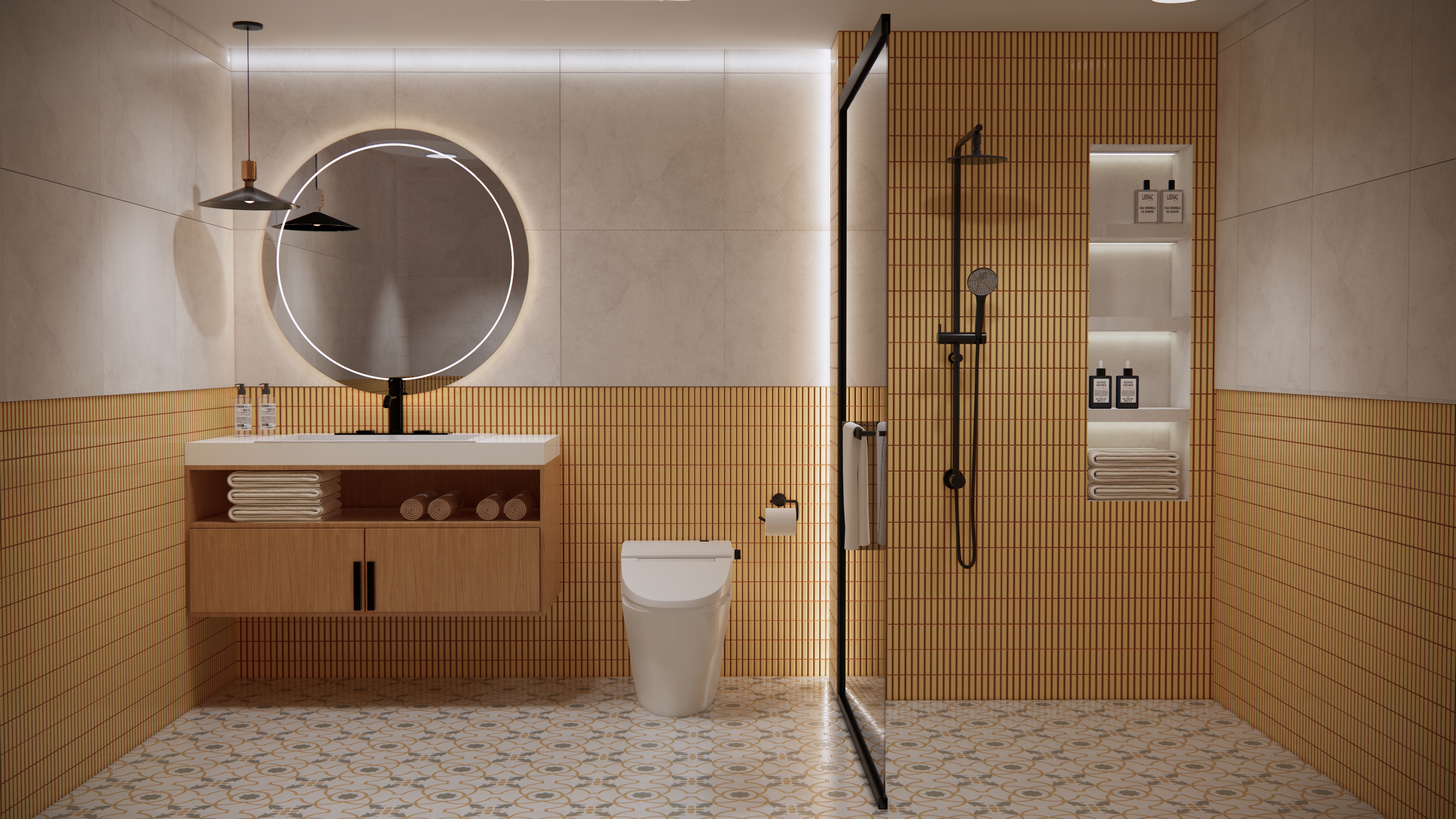 Bright Yellow Bathroom with Vertical Subway Tiles and Geometric Flooring | Material Depot