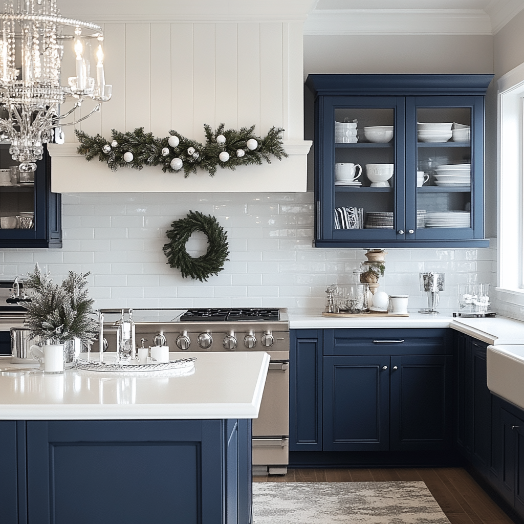 Festive Navy Blue Kitchen with White Subway Tiles and Seasonal Decor | Material Depot