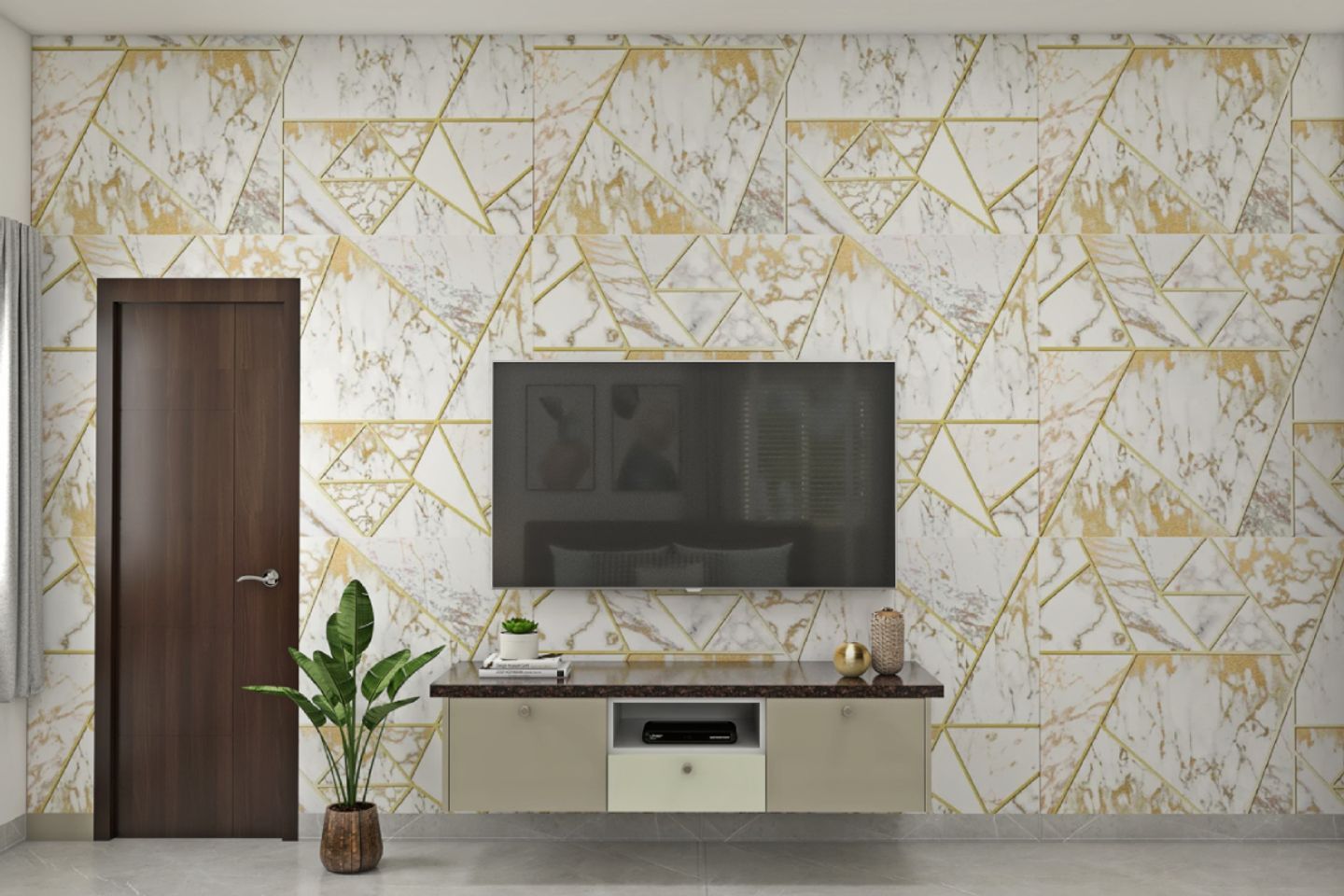 Modern TV wall unit with wallpaper: Floating elegance and seamless design for a sophisticated and efficient entertainment space.