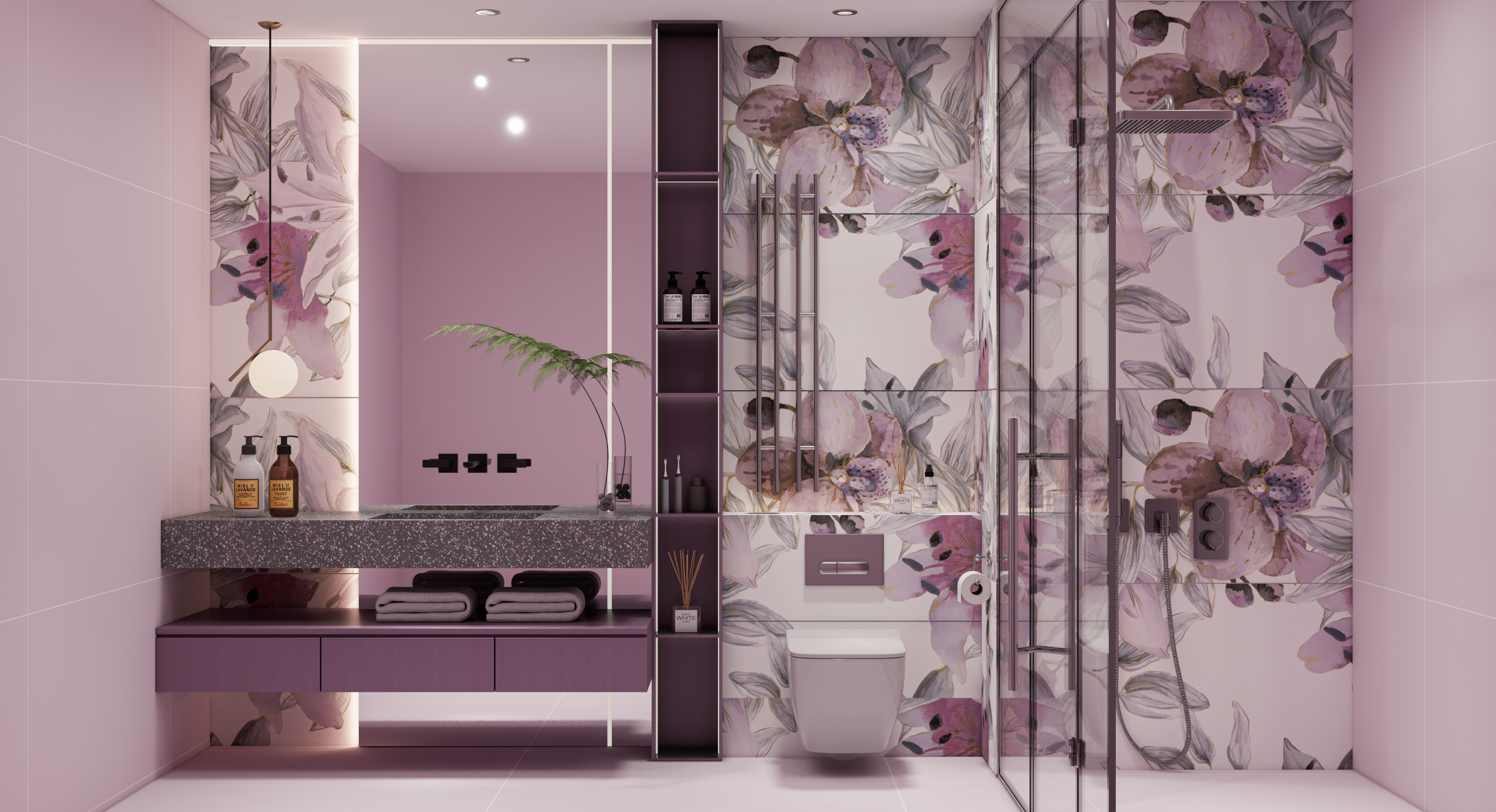 Floral Highlighter Tiles in a Soft Blush Bathroom | Material Depot