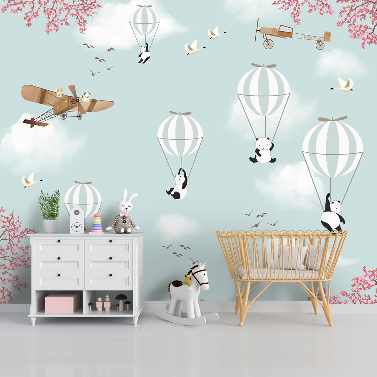 A close-up of a Flying Panda and Hot Air Balloons Kids Rooms Wallpaper, Customised Sparkla N Shine Series Entertainment Design (Customised Size Wallpaper) with a finish available at Material Depot in Bangalore