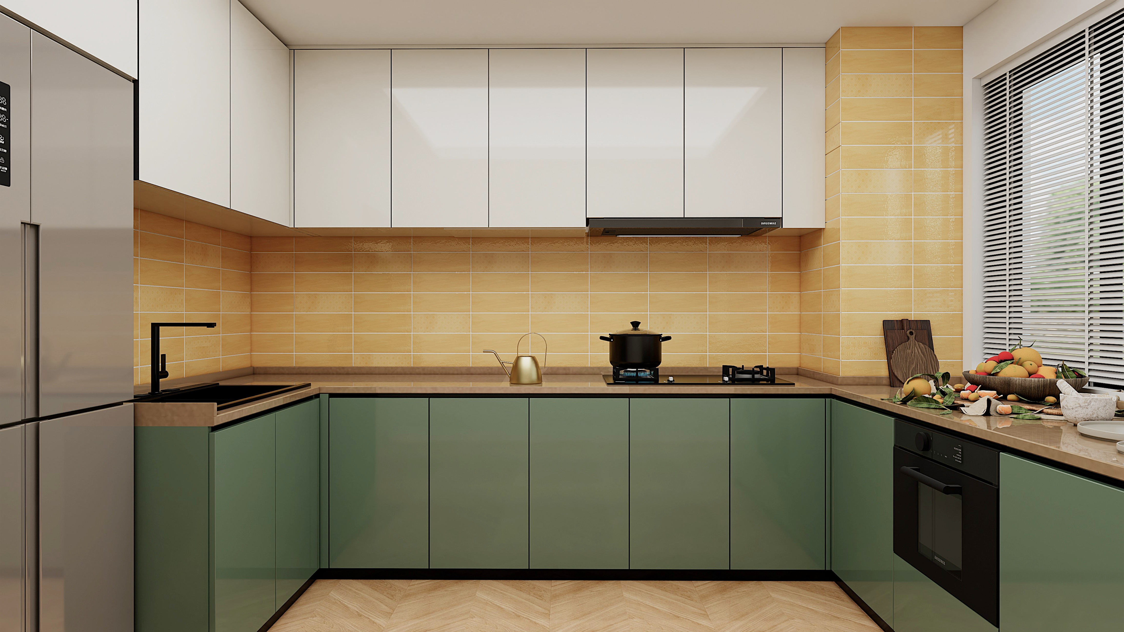 Fresh Kitchen with Green Cabinets and Yellow Subway Tiles | Material Depot