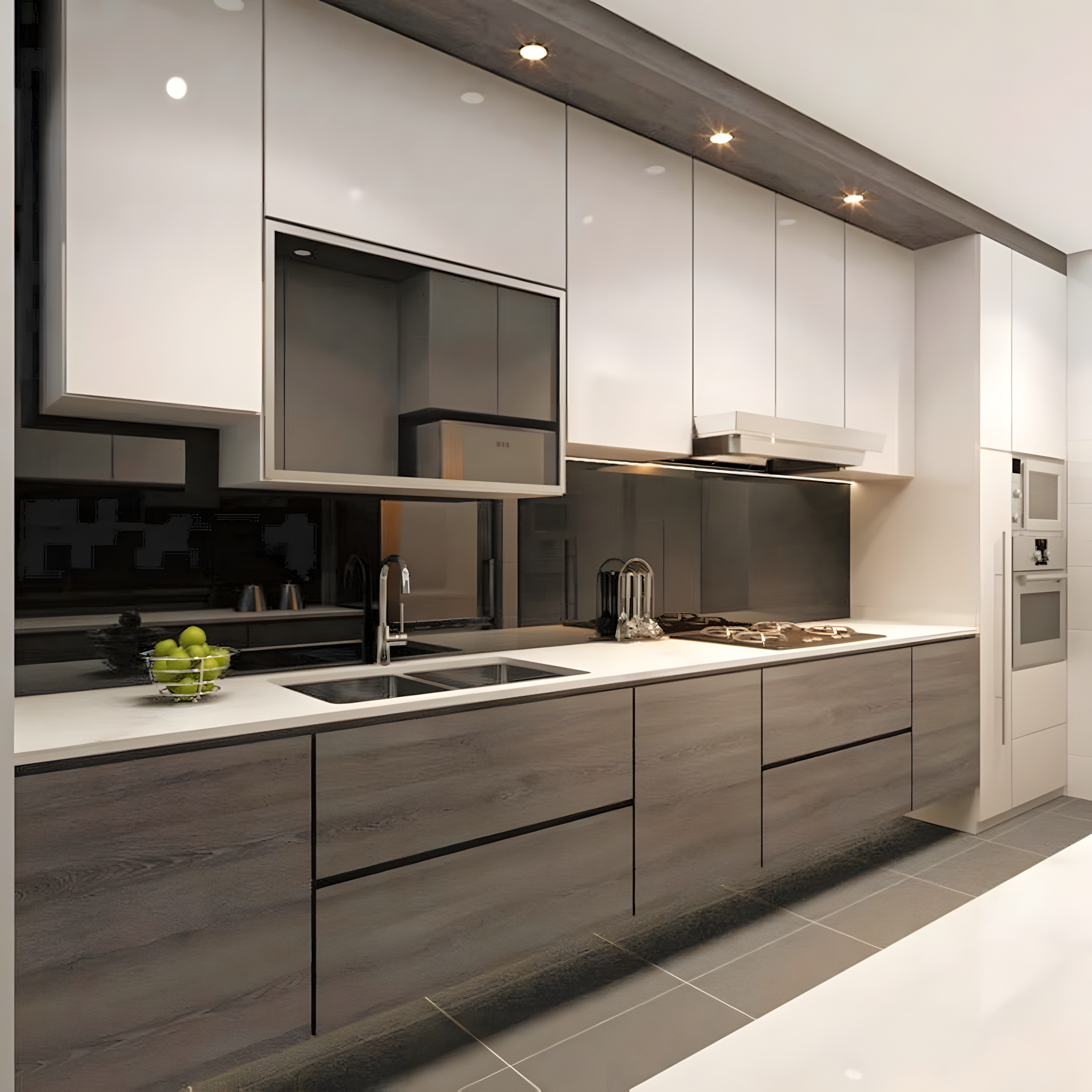 Functional Kitchen With Grey Tiled Floor | Material Depot