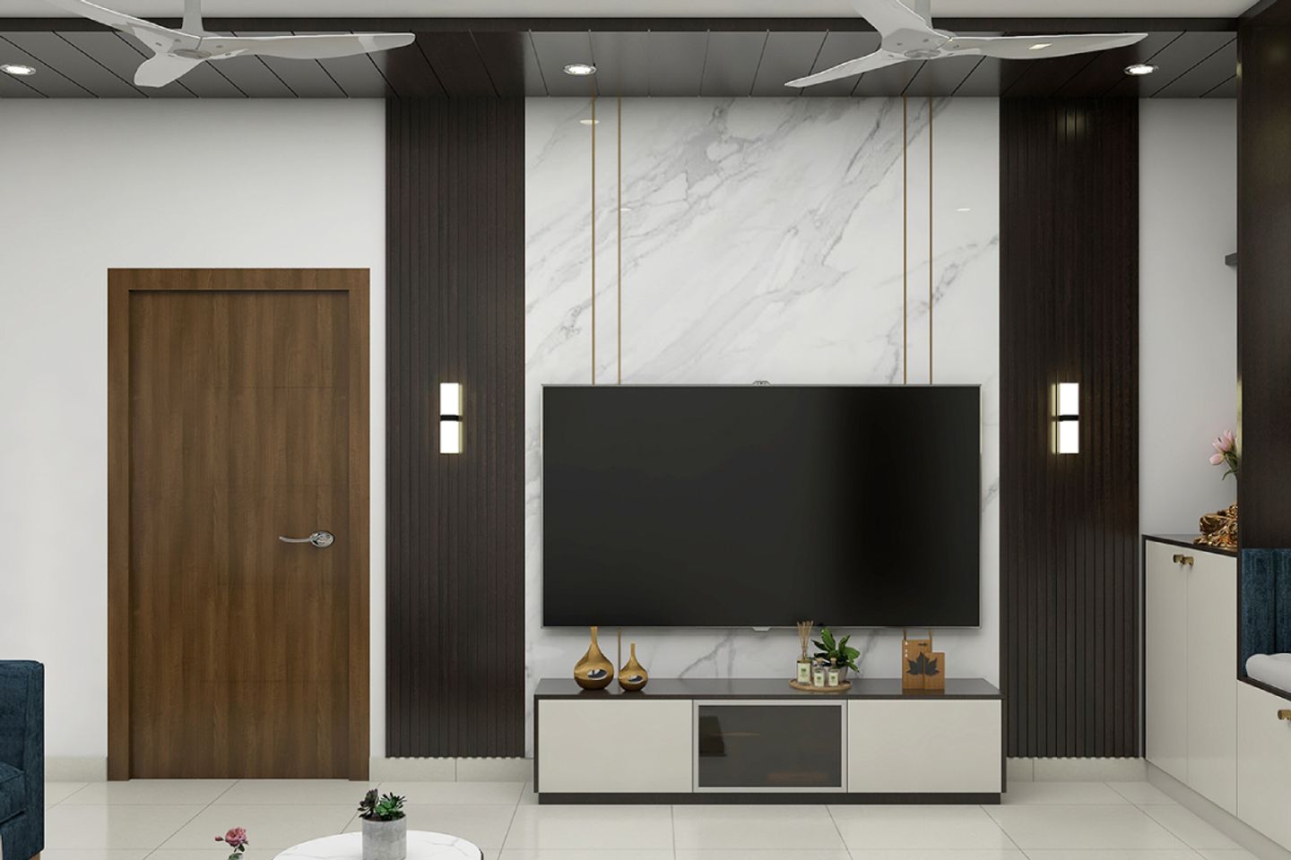 Marble and Fluted Black TV Unit Elegance