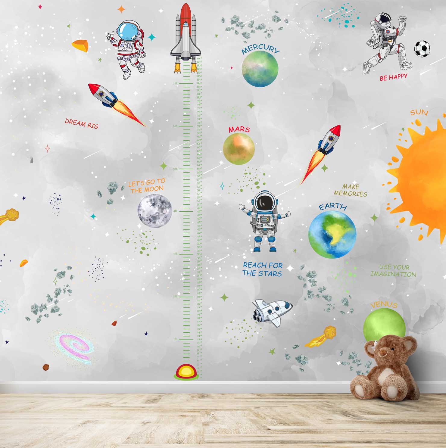 A close-up of a Customized Space Theme Wallpaper Design for Kids Room Sparkla N Shine Series Space Design (Customised Size Wallpaper) with a finish available at Material Depot in Bangalore