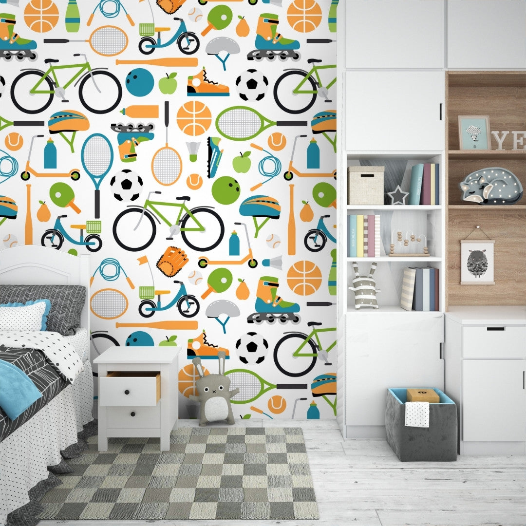 A close-up of a Sports Equipment Design for Kids Room Wallpaper Sparkla N Shine Series Entertainment Design (Customised Size Wallpaper) with a finish available at Material Depot in Bangalore