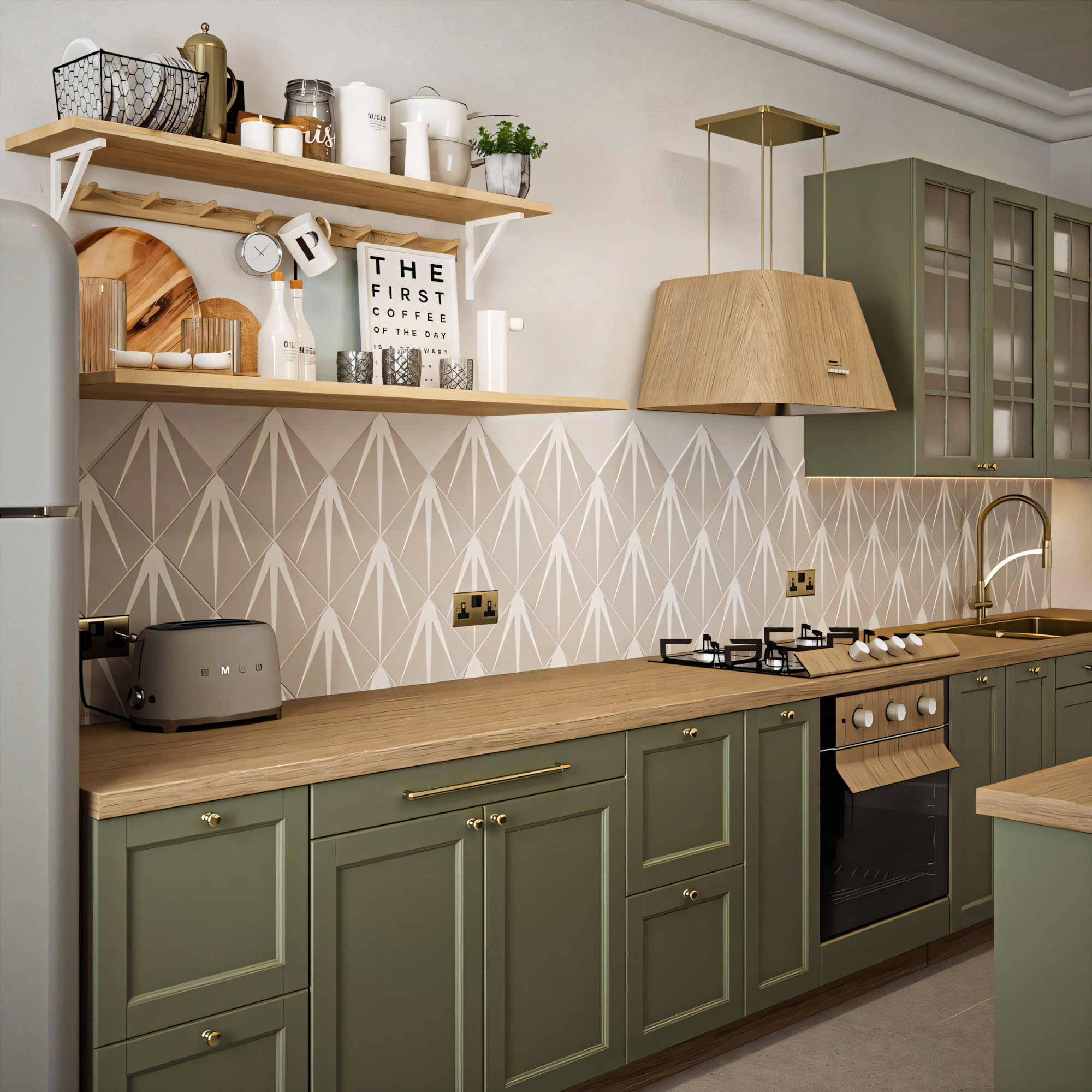 Geometric Harmony: Modern Kitchen with Green Cabinetry | Material Depot