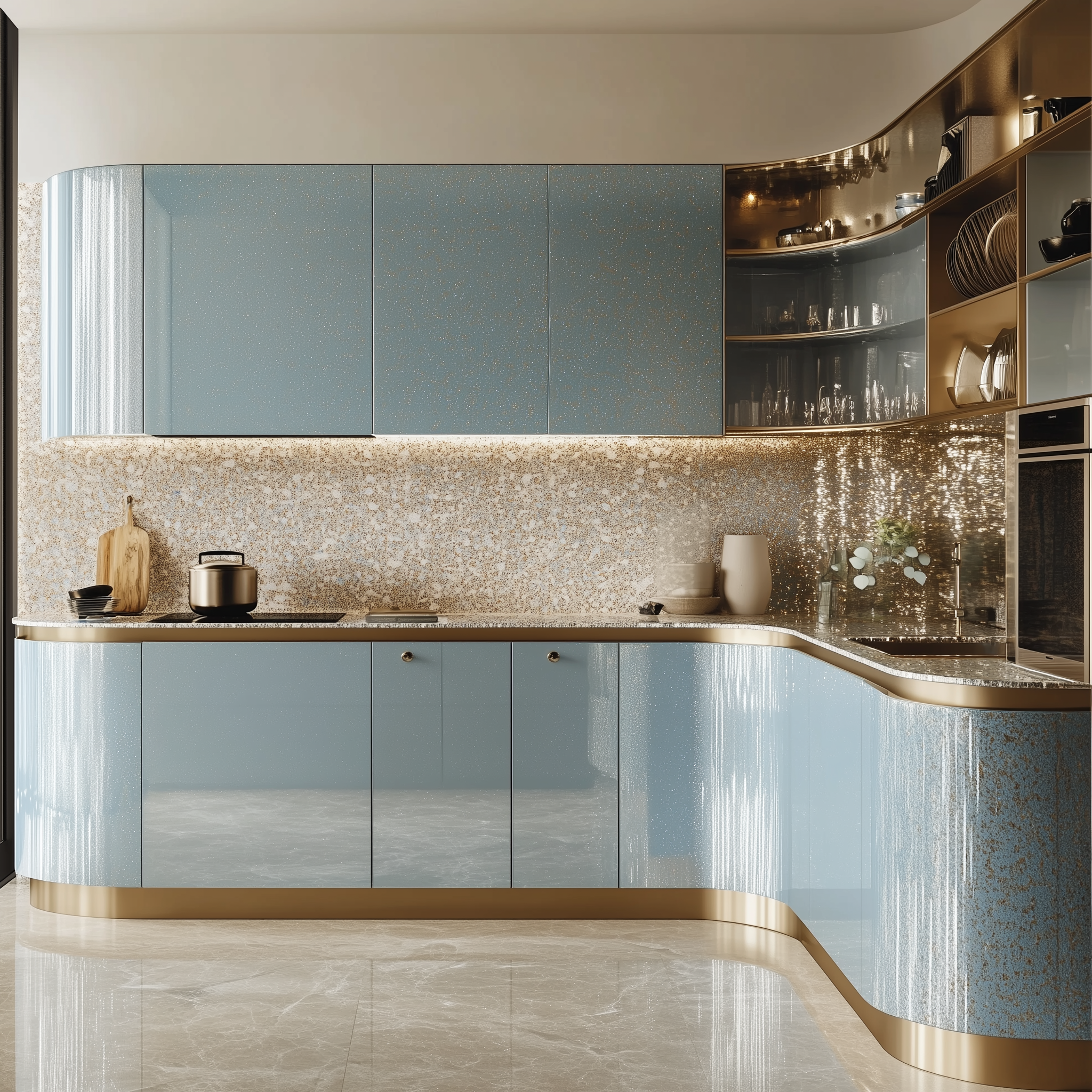 Glamorous Blue and Gold Kitchen with Curved Design | Material Depot