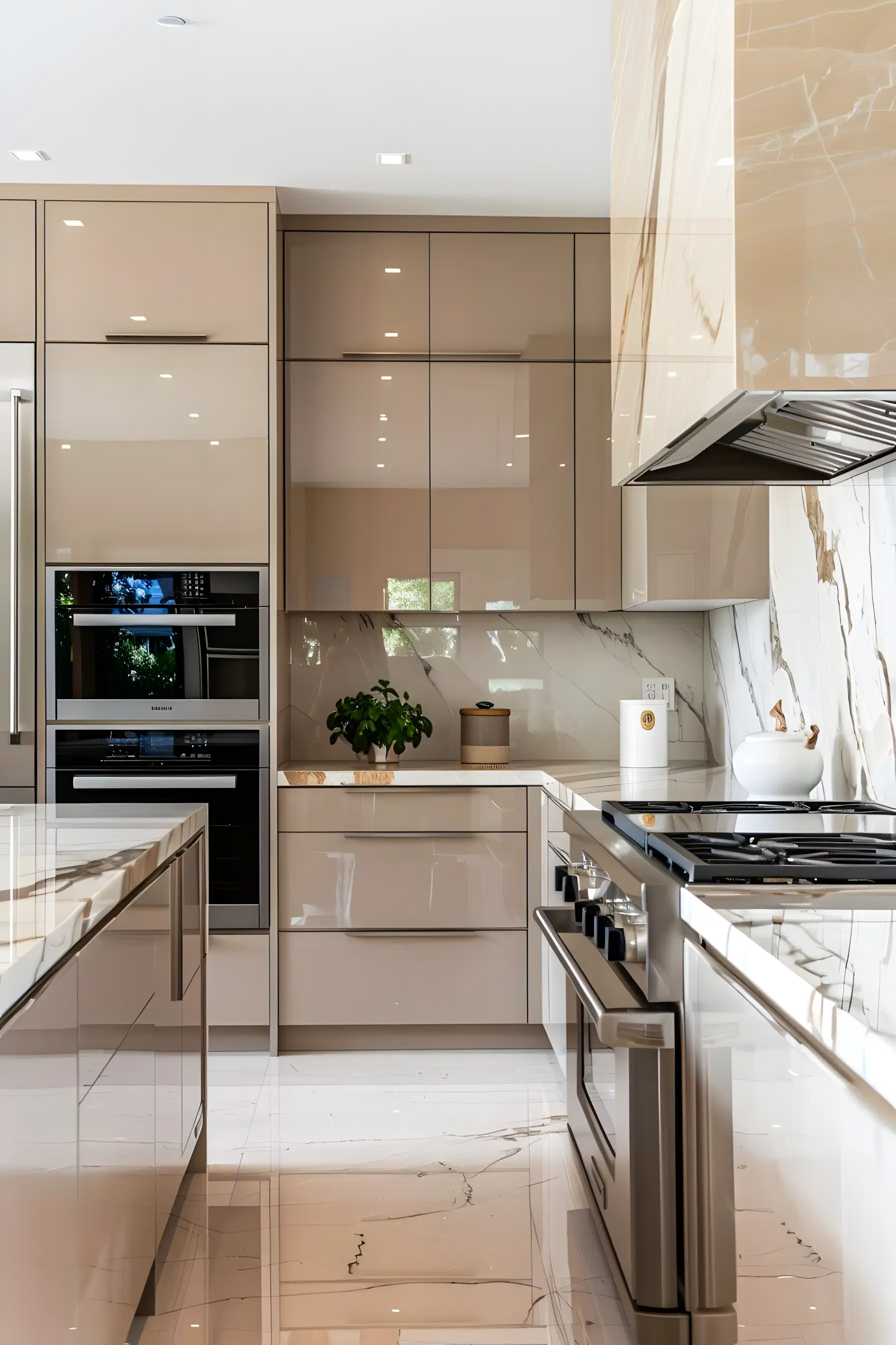 Glossy Beige Kitchen With Marble Accents | Material Depot