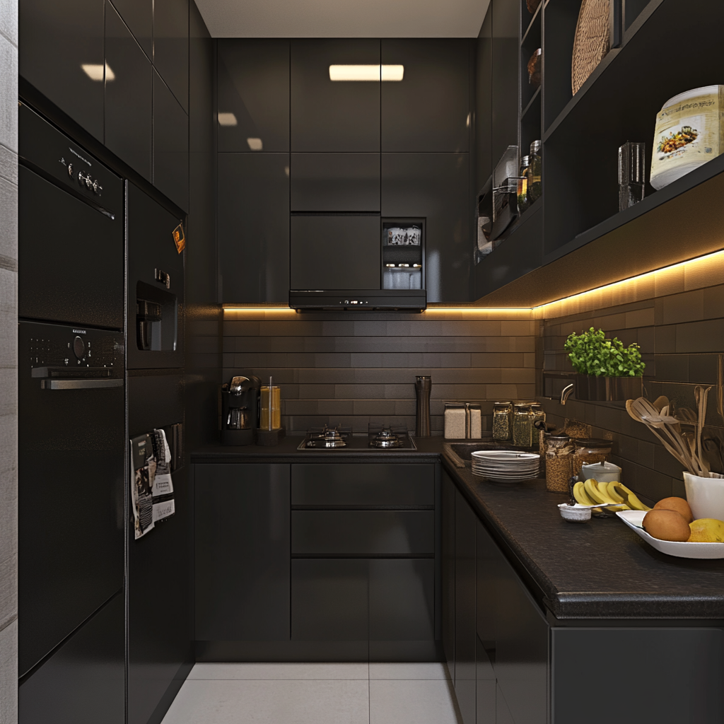 Glossy Black Galley Kitchen with Subway Tile Walls and Subtle Warm Lighting | Material Depot