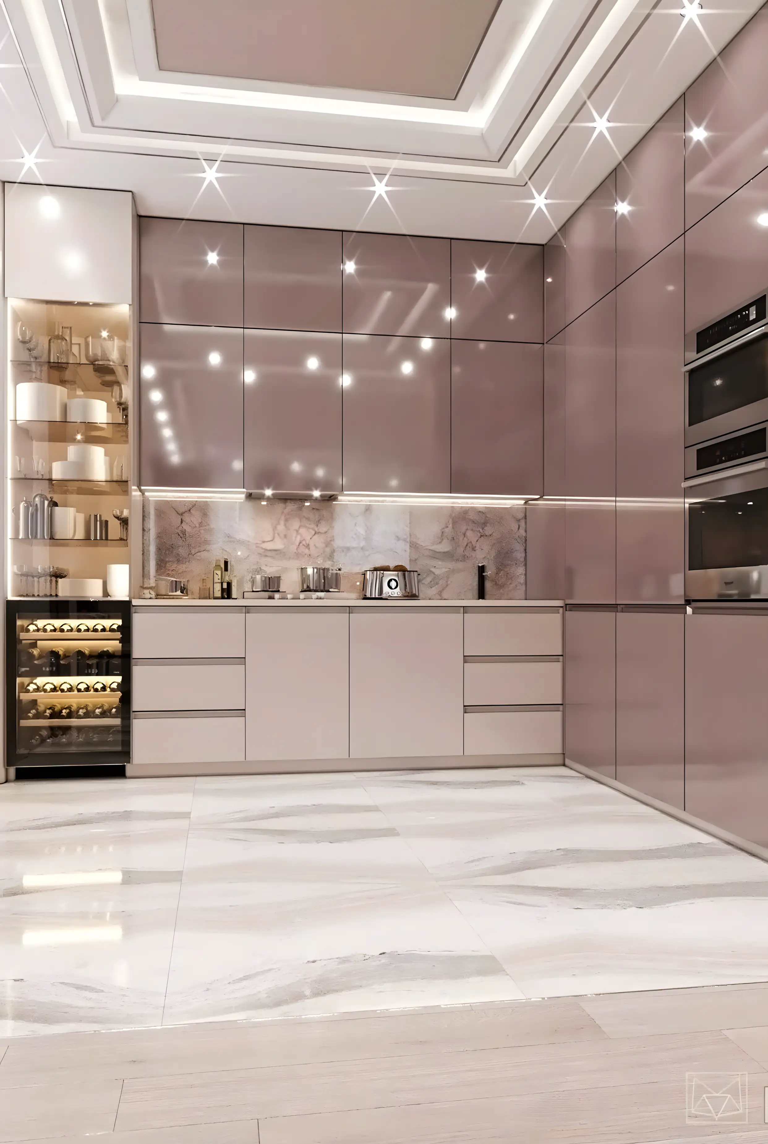 Glossy Cabinets And Marble Flooring Kitchen | Material Depot