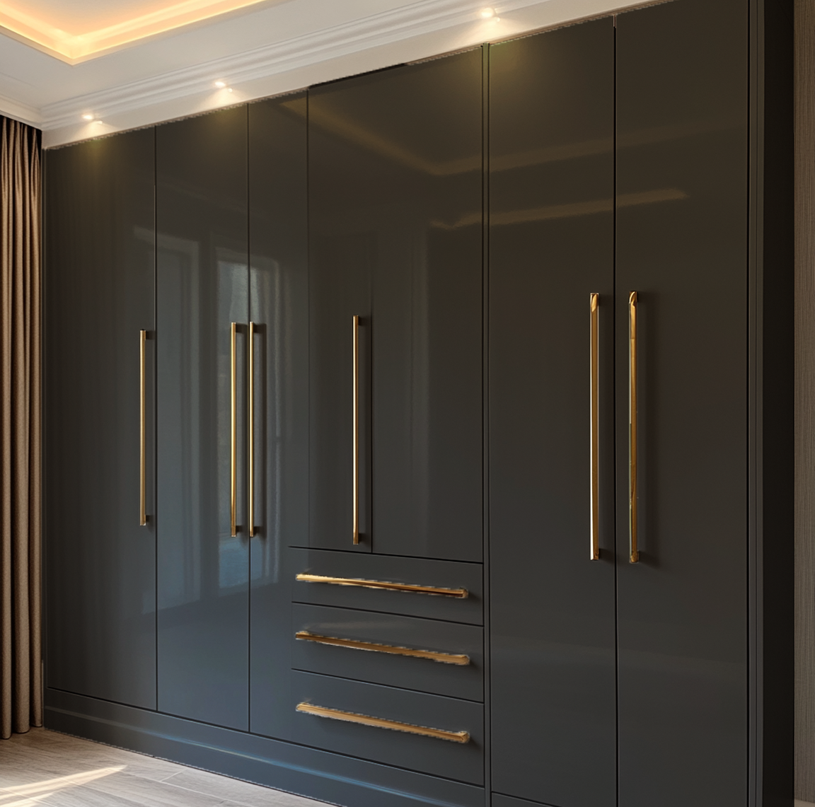 Glossy Dark Grey Wardrobe with Gold Handles for a Luxurious Bedroom | Material Depot