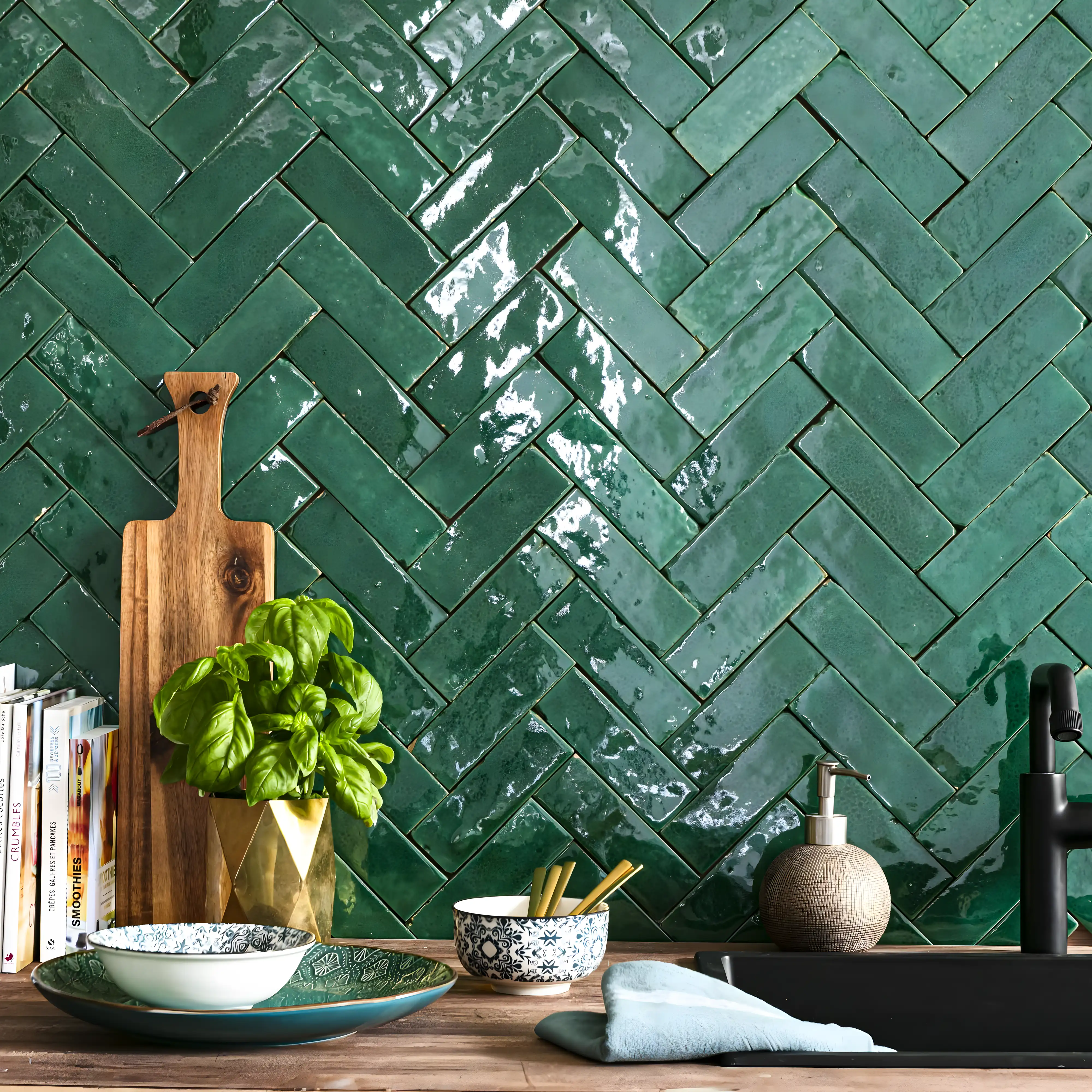 Glossy Emerald Green Herringbone Backsplash for a Fresh Kitchen Look | Material Depot