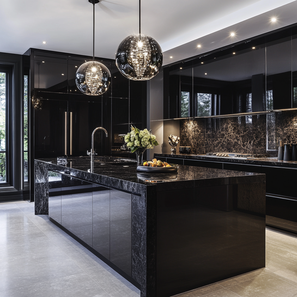 Glossy Grandeur: Sleek Black Kitchen with Dramatic Marble Highlights and Designer Lighting | Material Depot