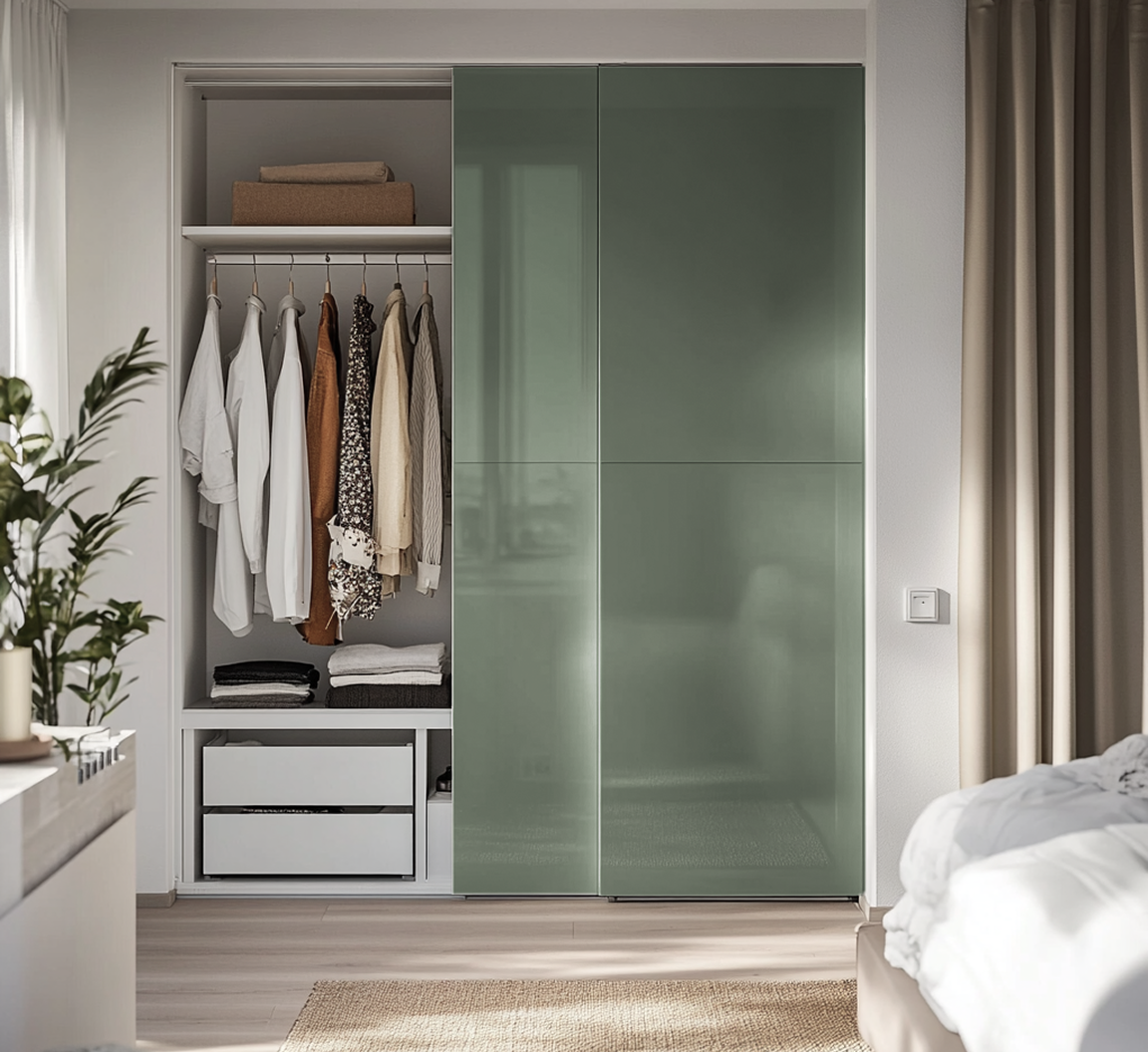 Glossy Green Sliding Wardrobe for a Sleek Modern Bedroom Design | Material Depot