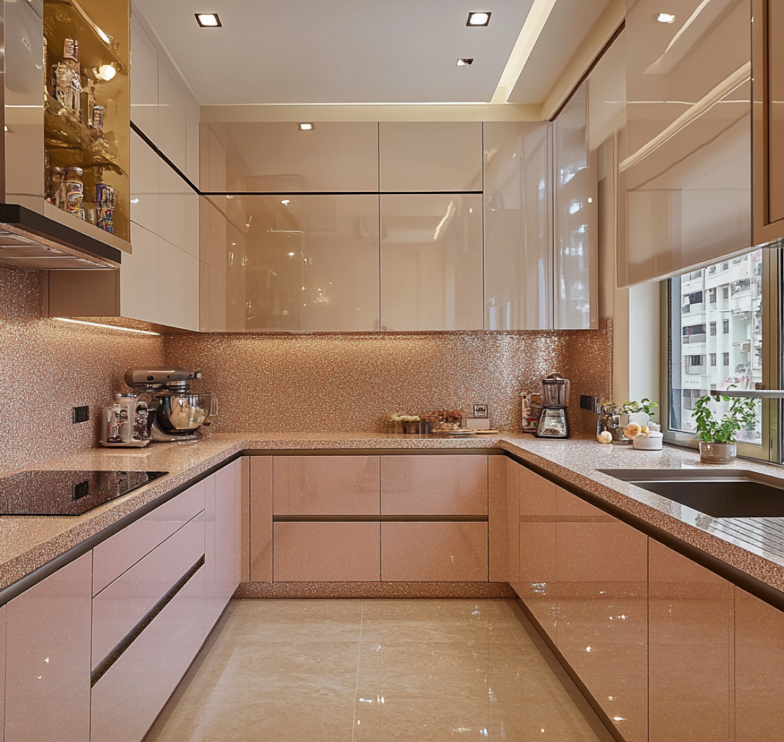 Modern Beige Glossy Kitchen with Wooden Dining Table and Pendant Lights | Material Depot