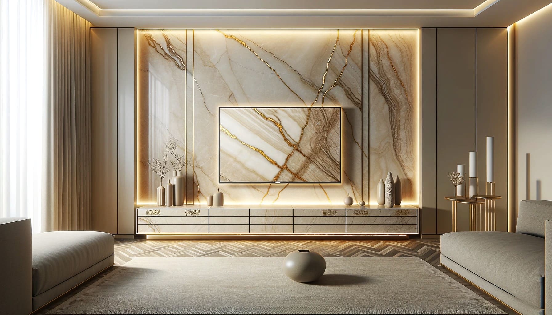 Golden Veined Marble Accentuates Chic and Warm Modern Lounge | Material Depot