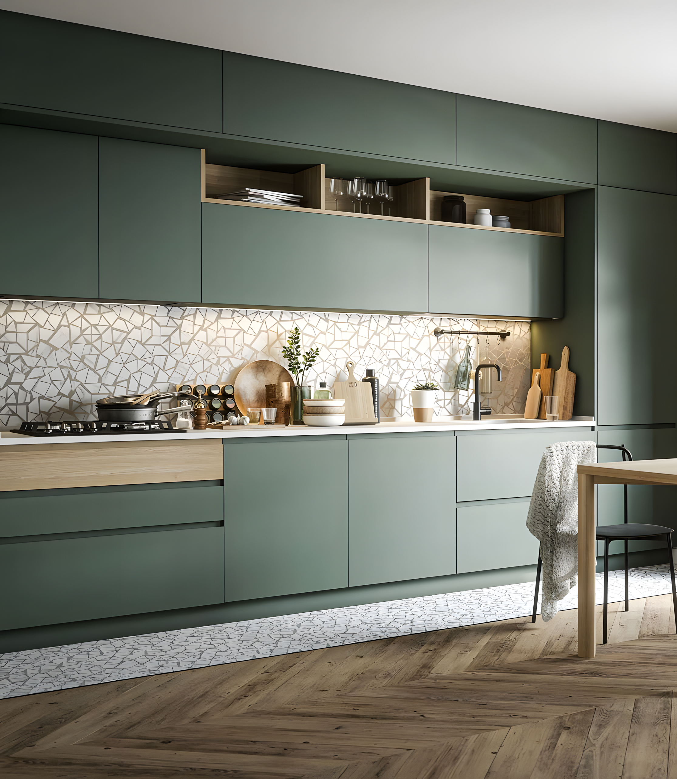 Green Cabinetry In Compact Kitchen Space | Material Depot