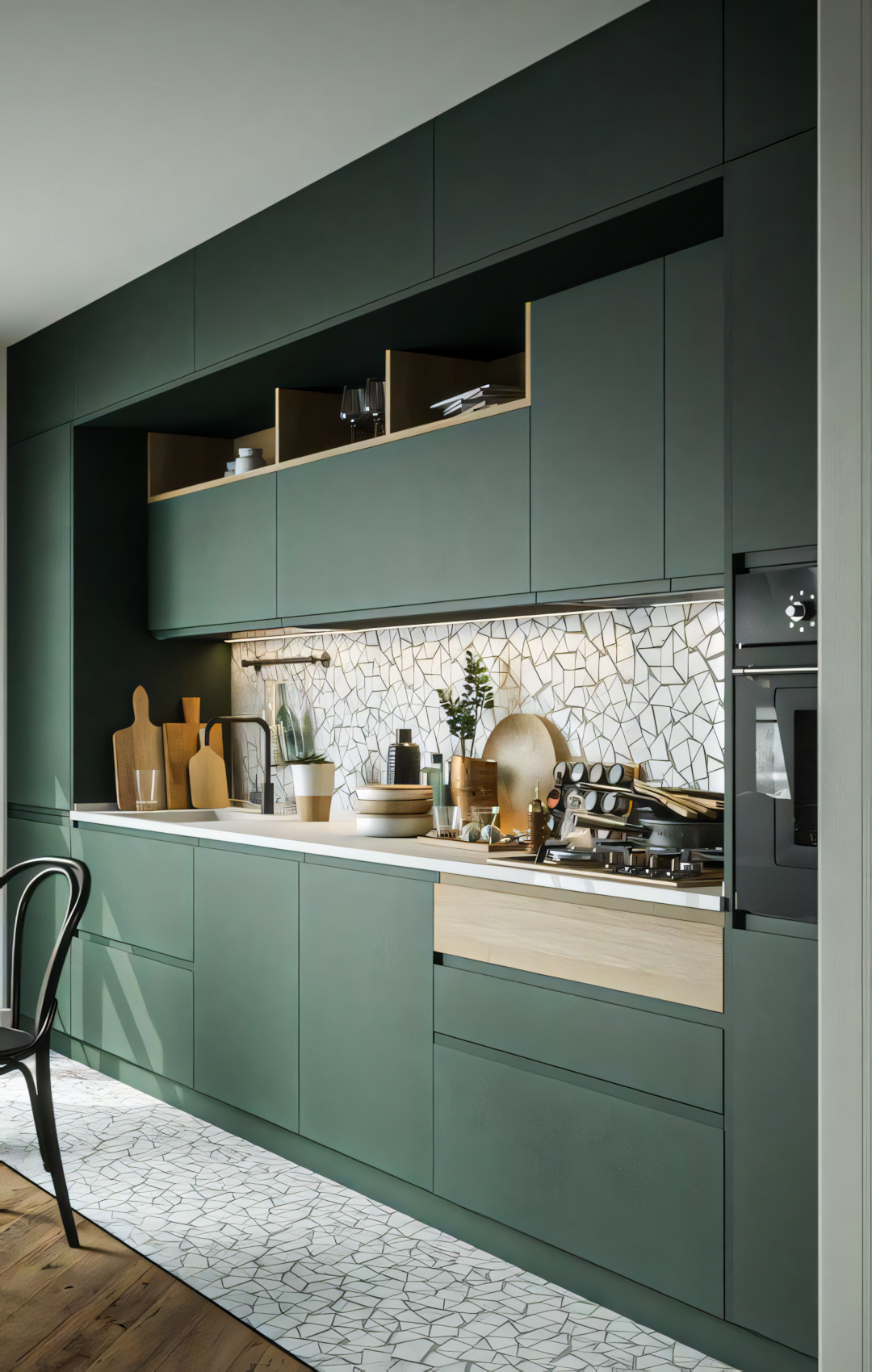 Green Cabinetry in Compact Kitchen Space | Material Depot