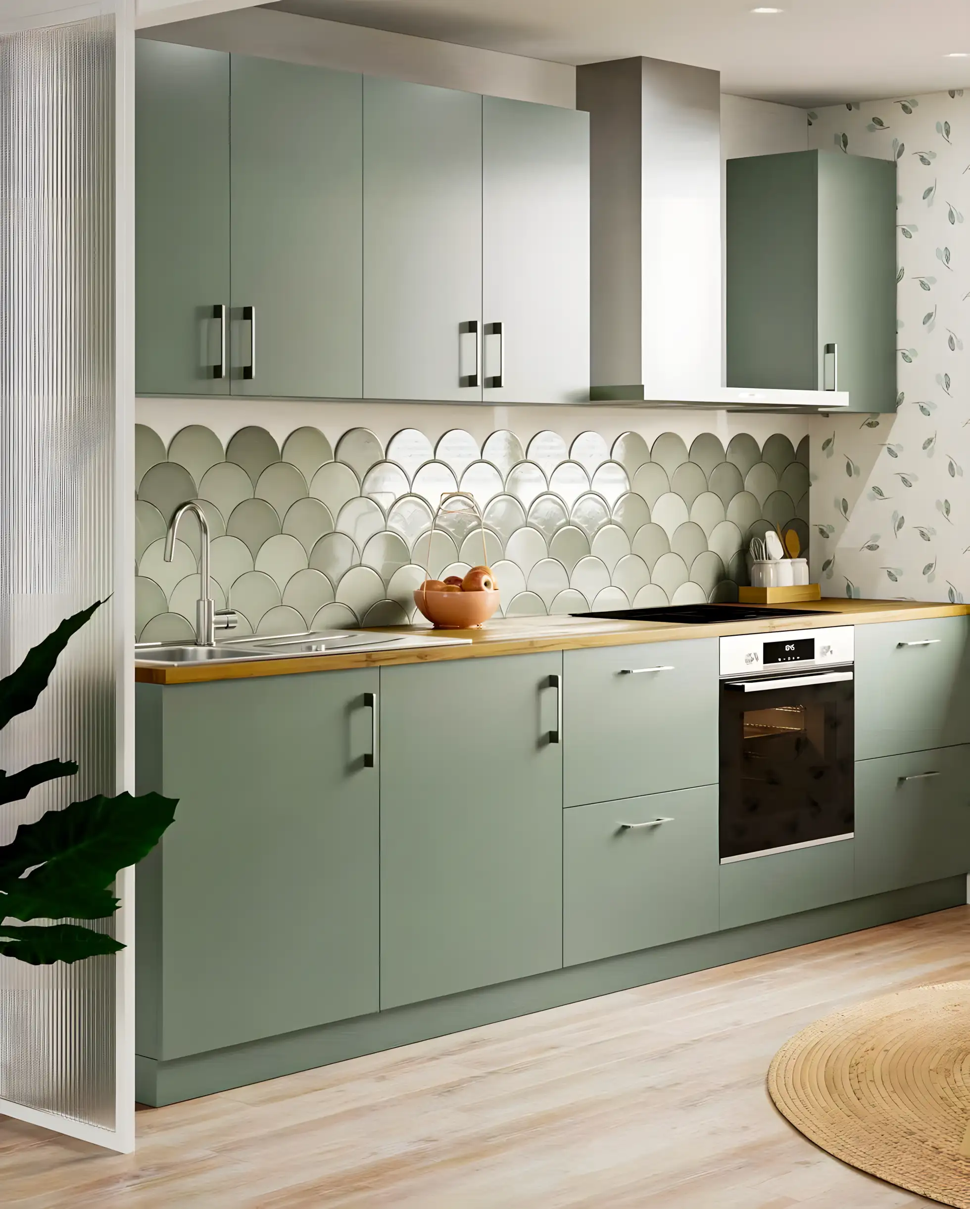 Green Kitchen Units With Decorative Moroccan Backsplash | Material Depot