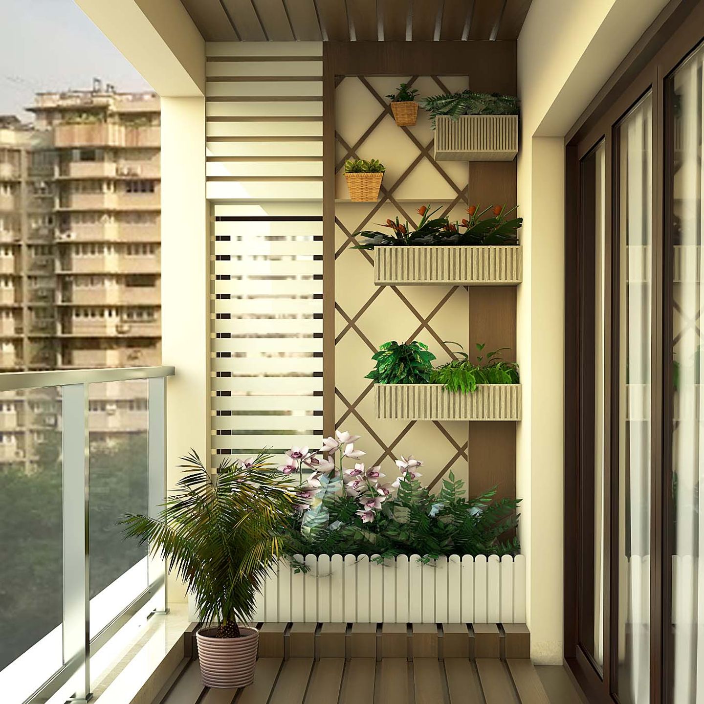 balcony garden with shelves that display various plants in colorful pots, with a wooden floor and white railings, and a cityscape in the background.