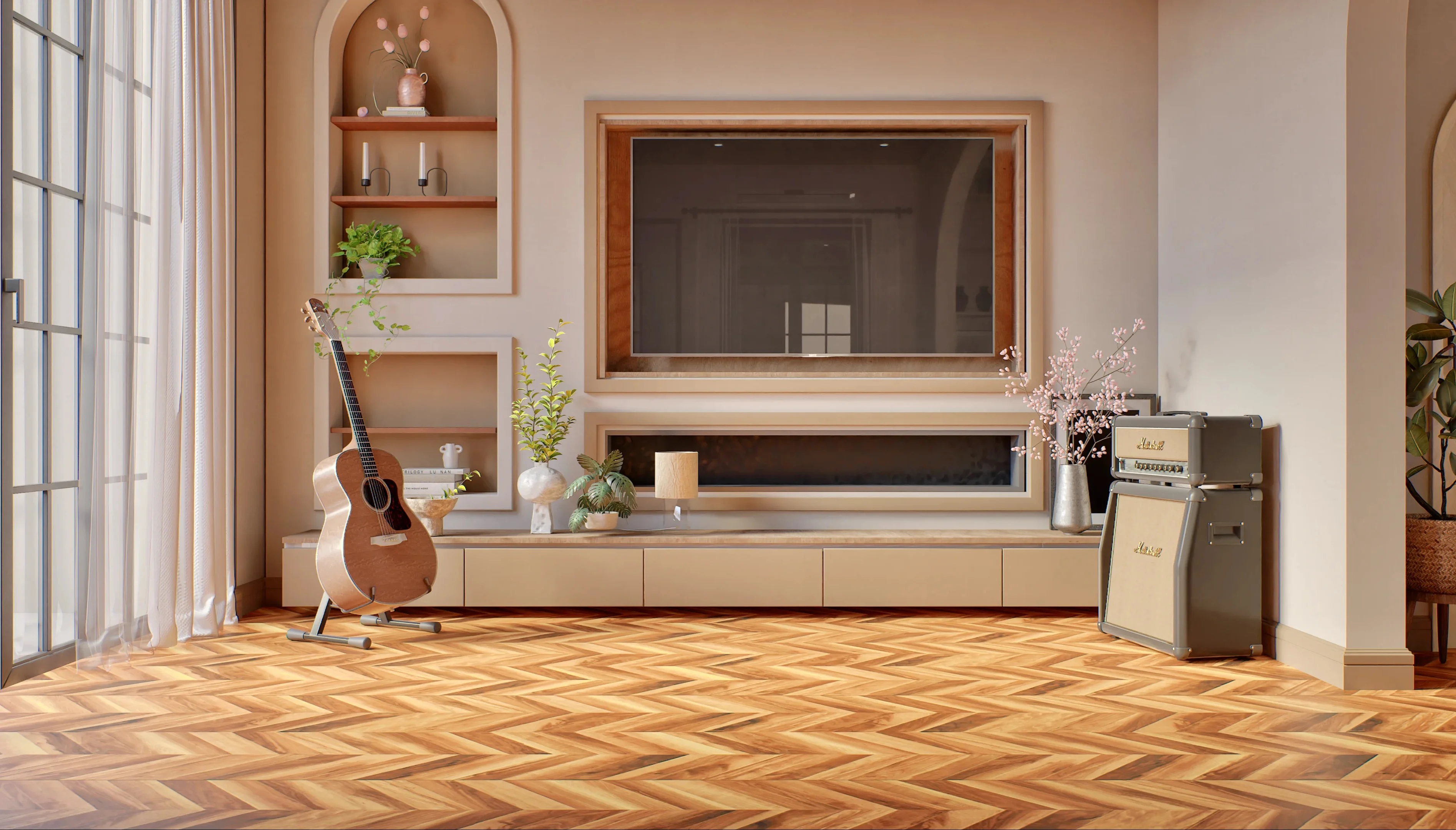 Harmonious Living Space with Herringbone Flooring | Material Depot