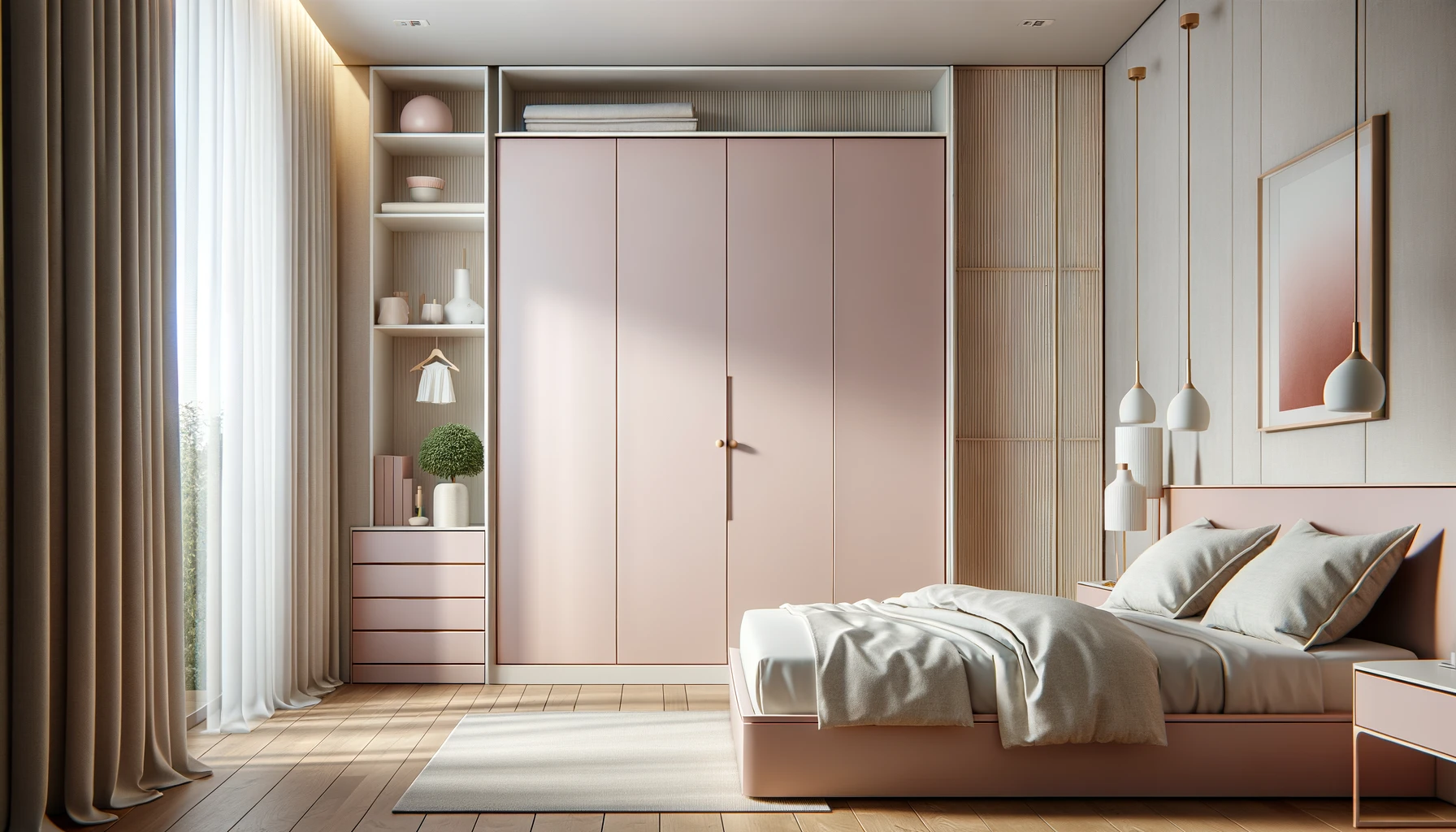 Harmonious Modern Bedroom with Pastel Palette and Clean Aesthetics | Material Depot