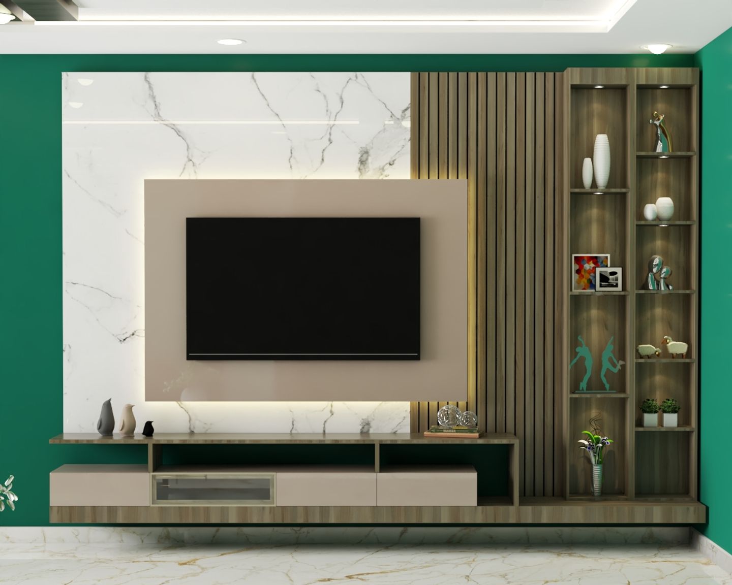 Modern TV Unit with Green Wall and White Marble Backdrop