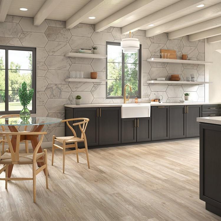 Kitchen countertop with marble tile and wooden flooring