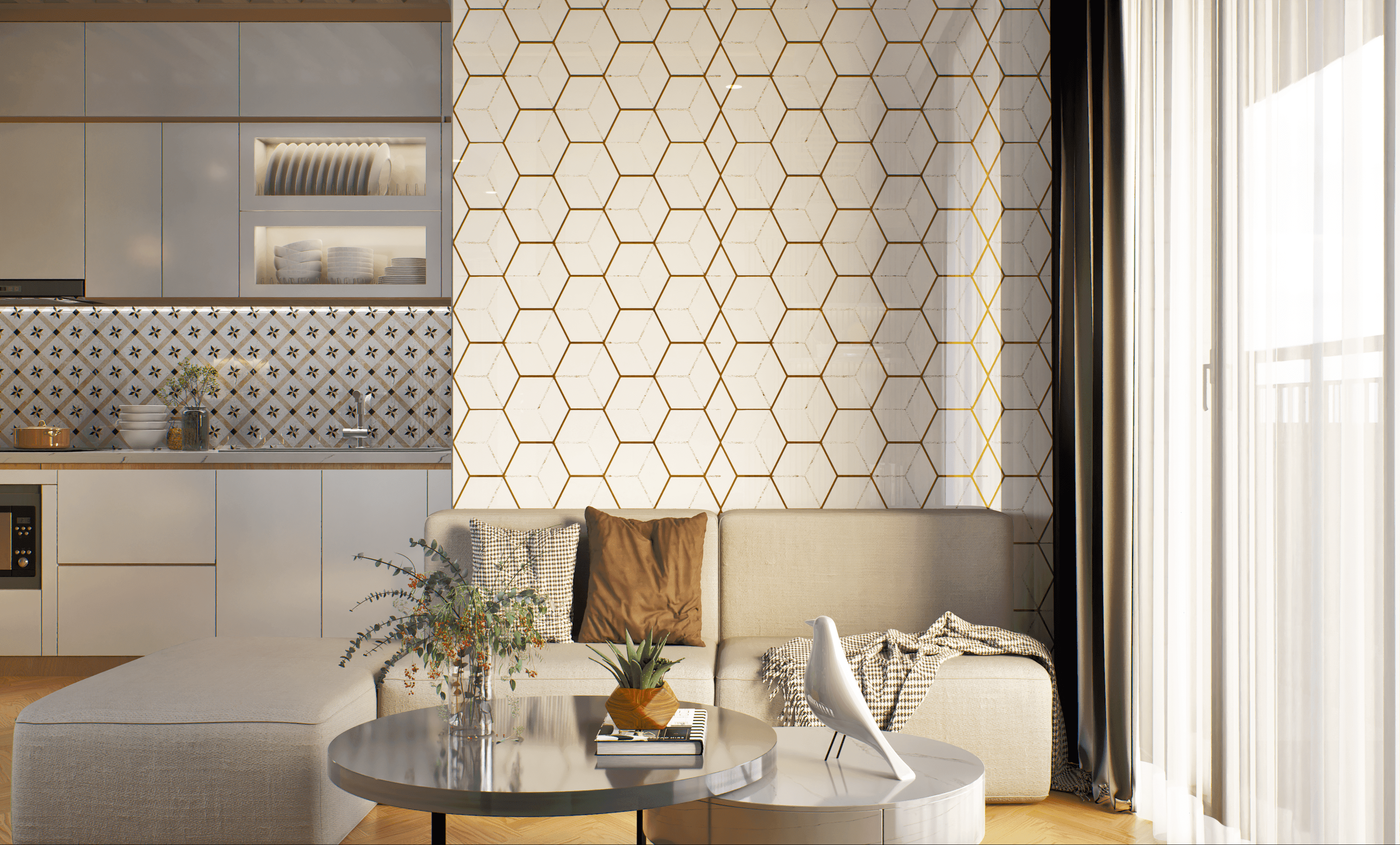 Stylish living room with honeycomb glass highlighter tile wall