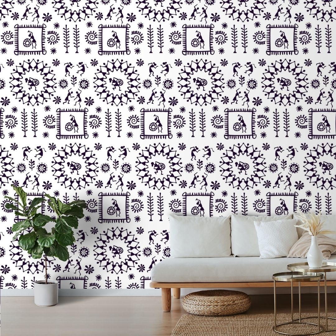 A close-up of a Black & White Indian Art Wallpaper for Rooms 19.6 Inches(W) x 420 Inches(H) Atarangi Series Patterned Patterned - 57 Sq. Ft. with a finish available at Material Depot in Bangalore