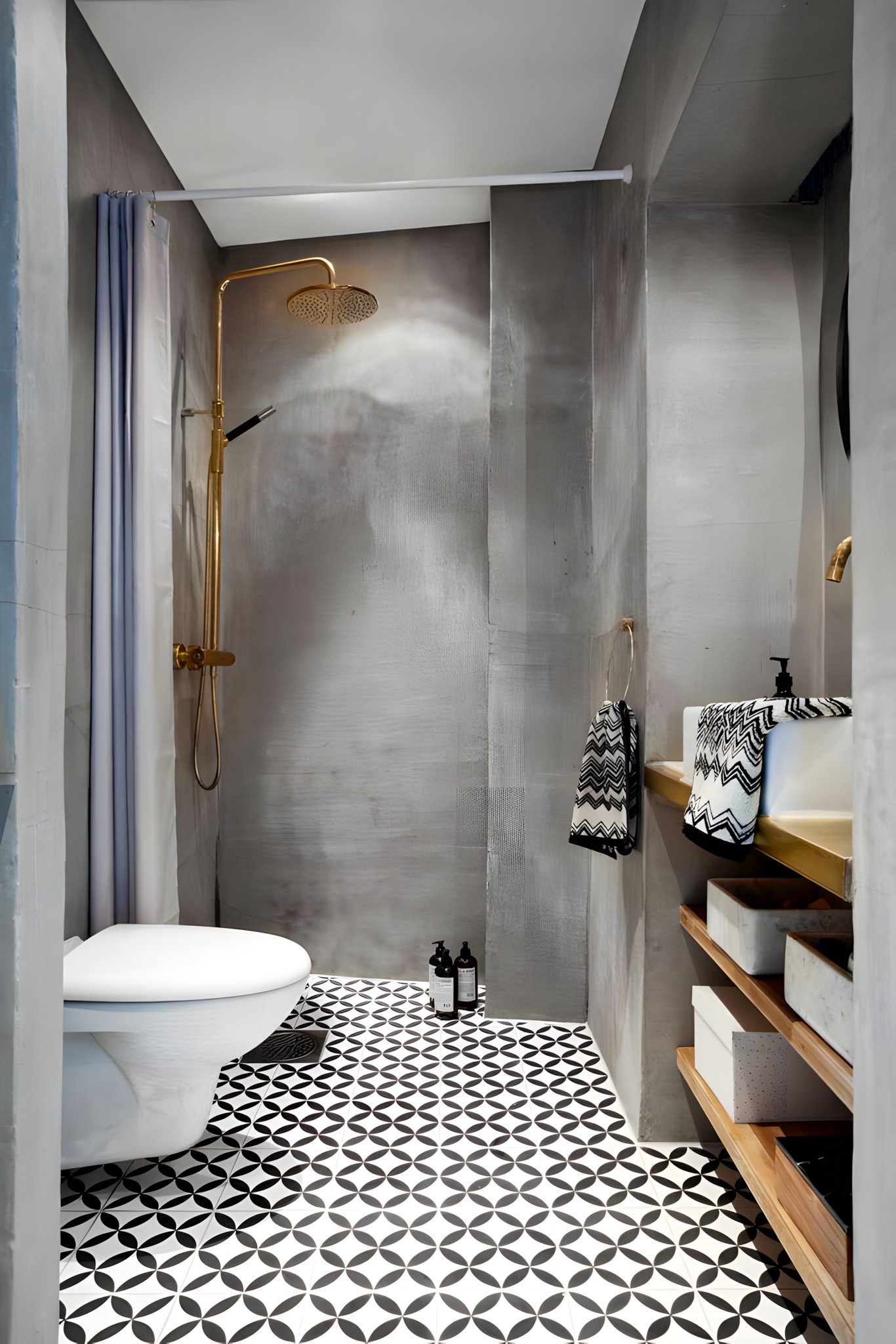 Industrial Chic Bathroom with Geometric Tiles and Gold Accents | Material Depot