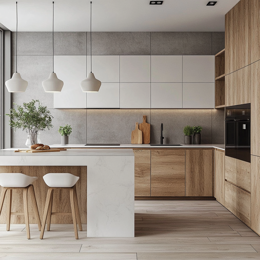 Industrial Chic Kitchen with Wood and White Cabinets, Concrete Wall, and Pendant Lighting | Material Depot