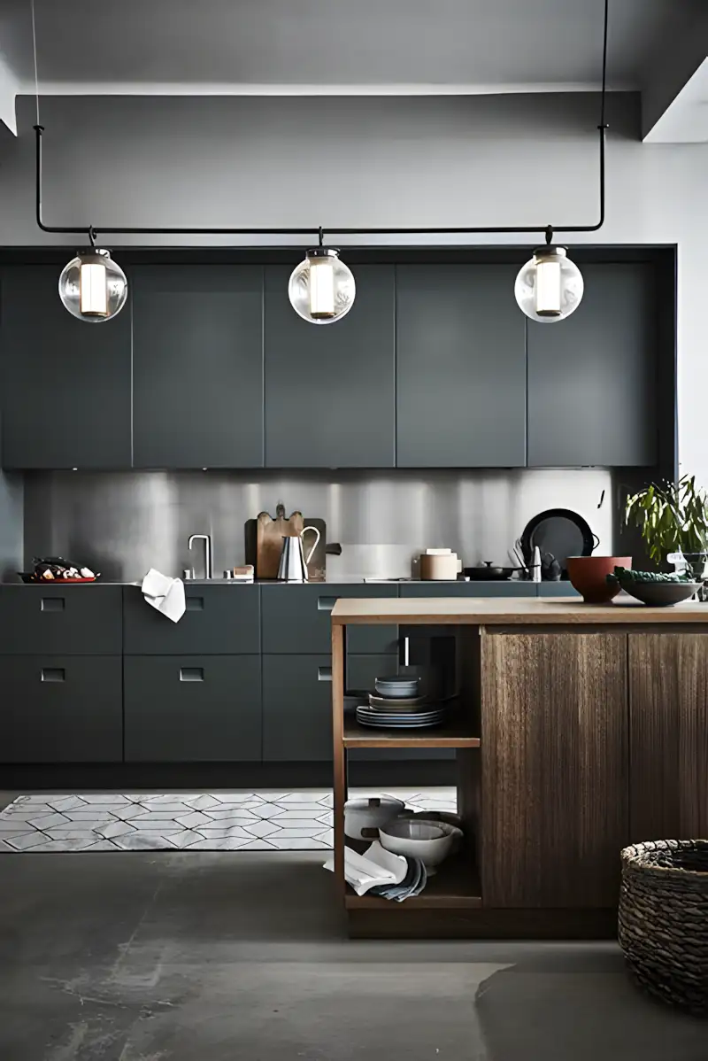 Industrial-Inspired Kitchen with Dark Cabinetry and Exposed Lighting | Material Depot