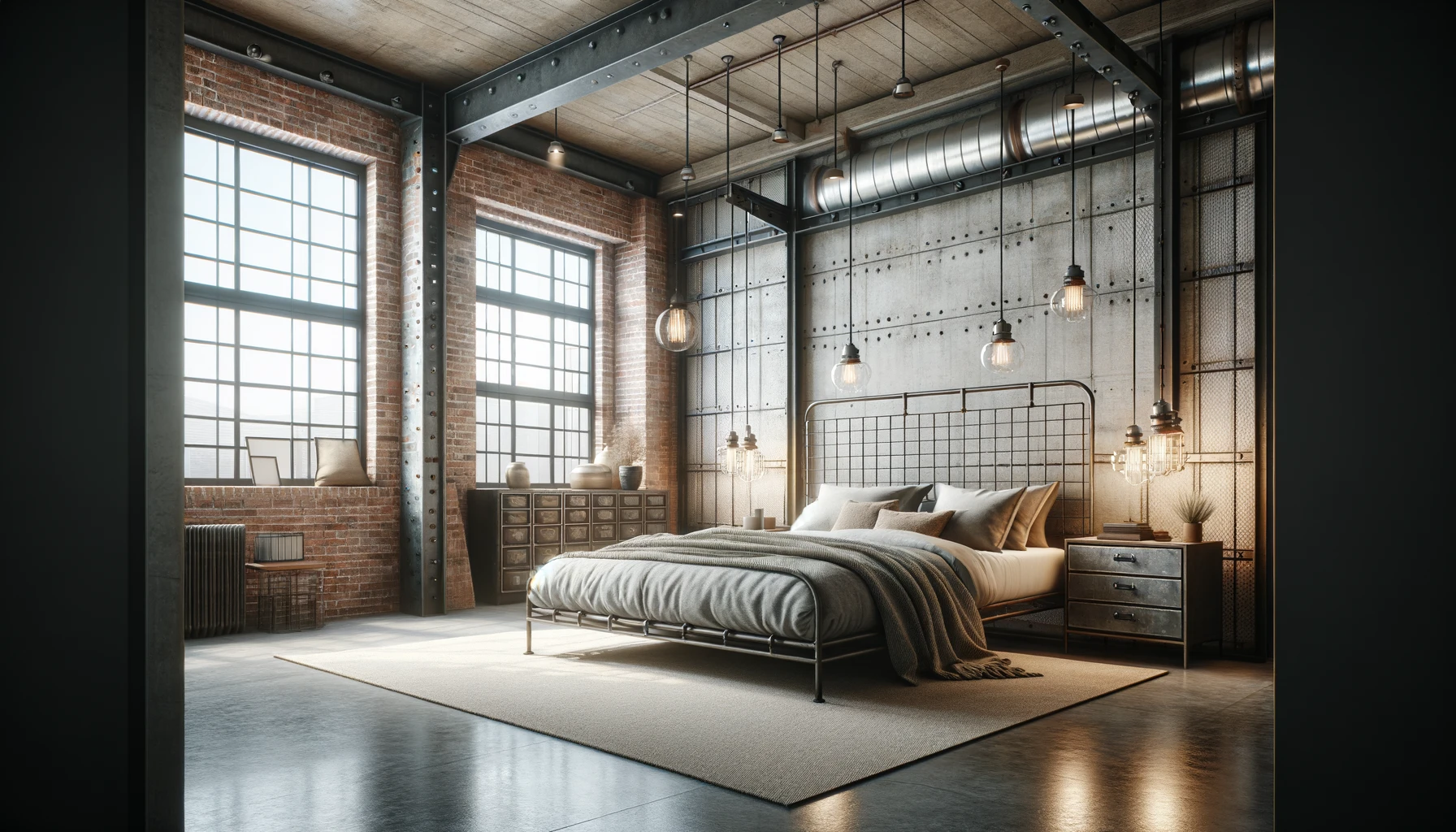 Inviting Industrial Bedroom Harmonizing Brick, Metal, and Soft Textiles | Material Depot