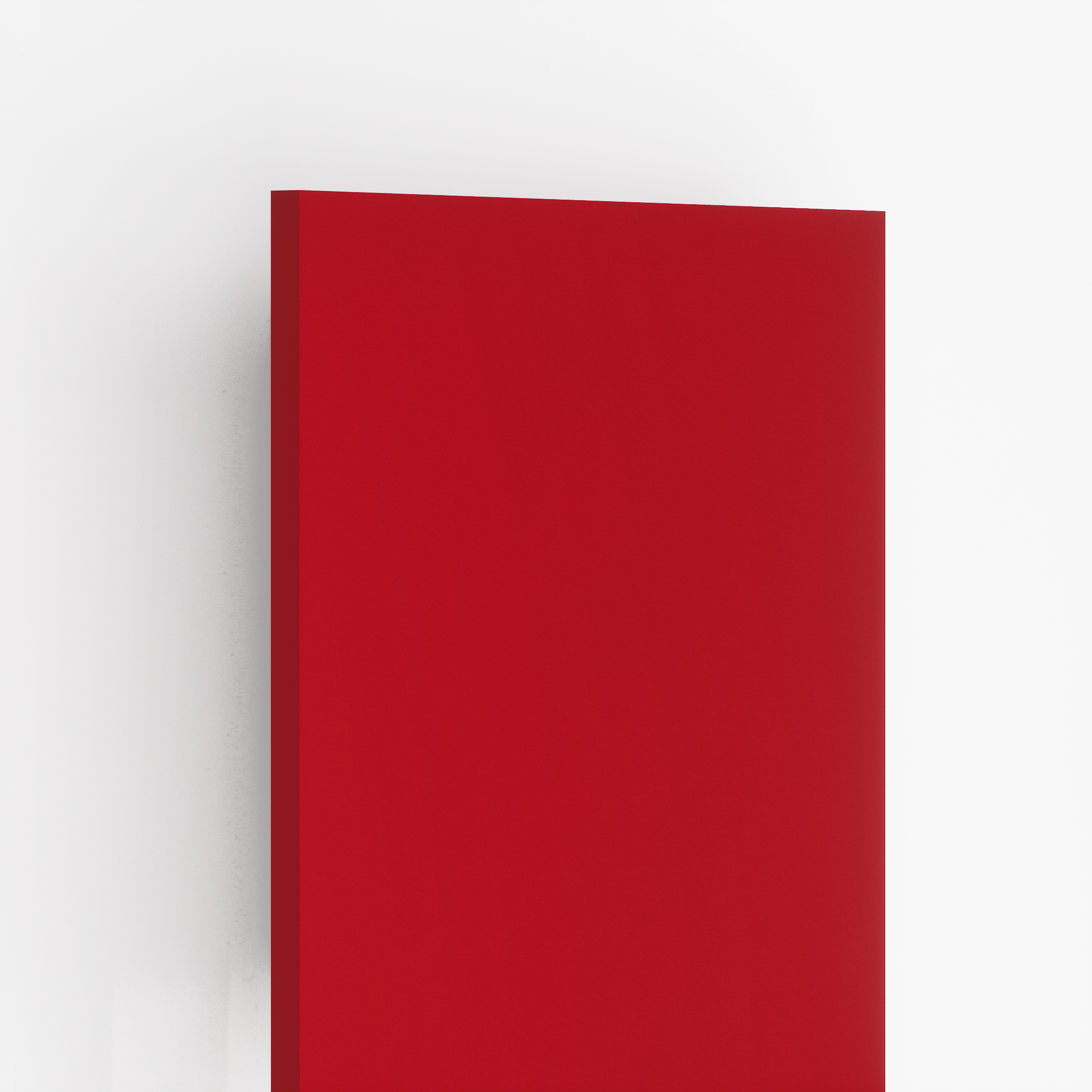 Closeup image of SG 8118 Red 8 ft x 4 ft Super Gloss Solid Finish Vesta Laminate - 0.8 mm in an isometric setup | Material Depot