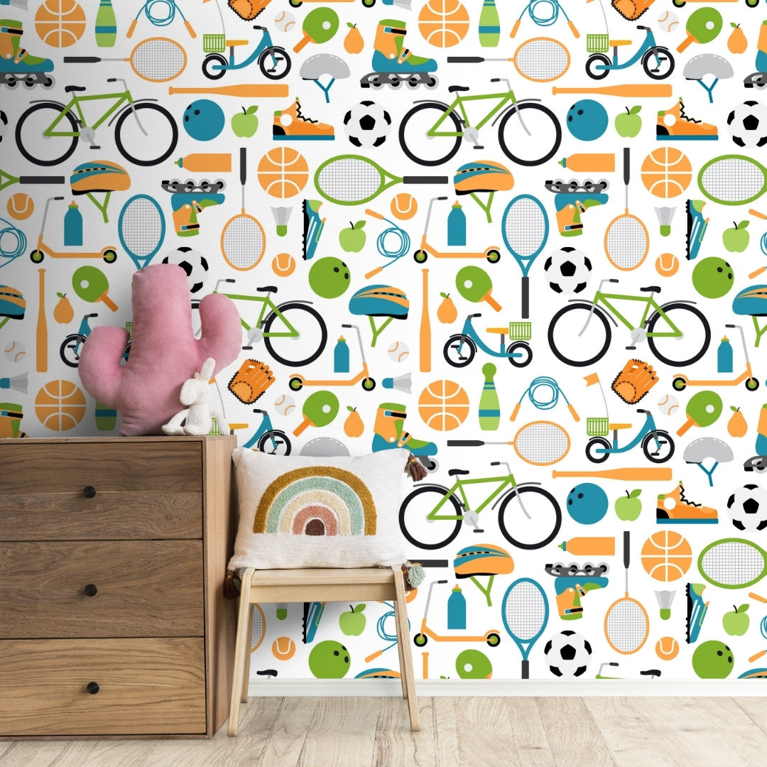 A close-up of a Sports Equipment Design for Kids Room Wallpaper Sparkla N Shine Series Entertainment Design (Customised Size Wallpaper) with a finish available at Material Depot in Bangalore