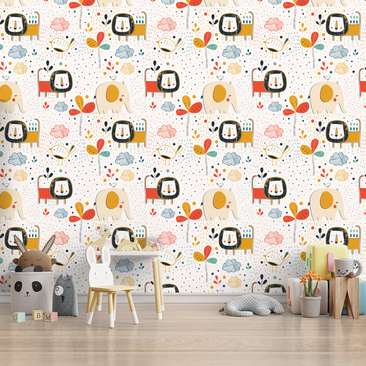 A close-up of a 3D Lions and Elephants Designs for Kids Room Wallpaper 19.6 Inches(W) x 420 Inches(H) Atarangi Series 3D Patterned - 57 Sq. Ft. with a finish available at Material Depot in Bangalore