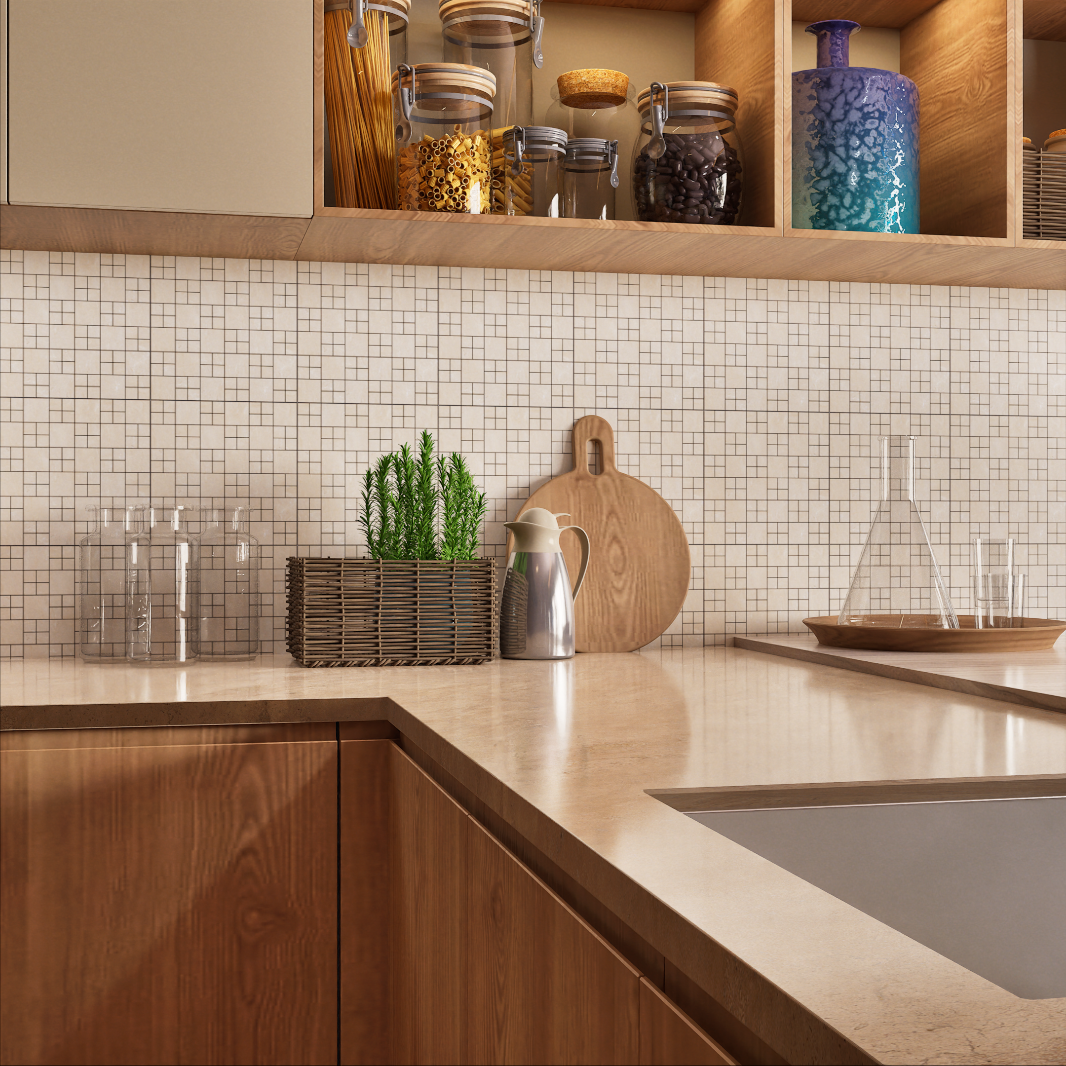 Kitchen with Beige Mosaic Tile Backsplash | Material Depot