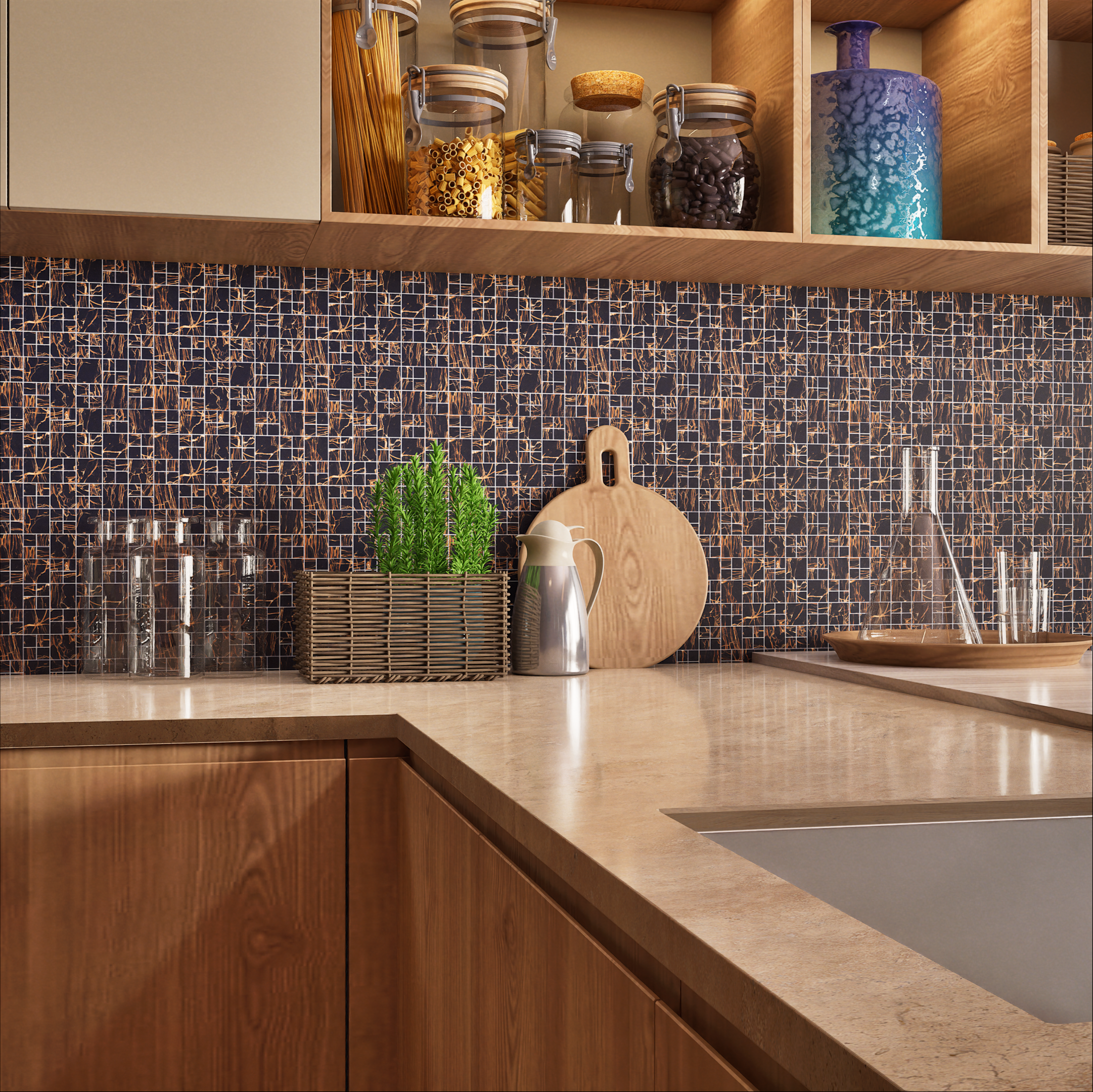 Kitchen with Black and Gold Mosaic Tile Backsplash | Material Depot