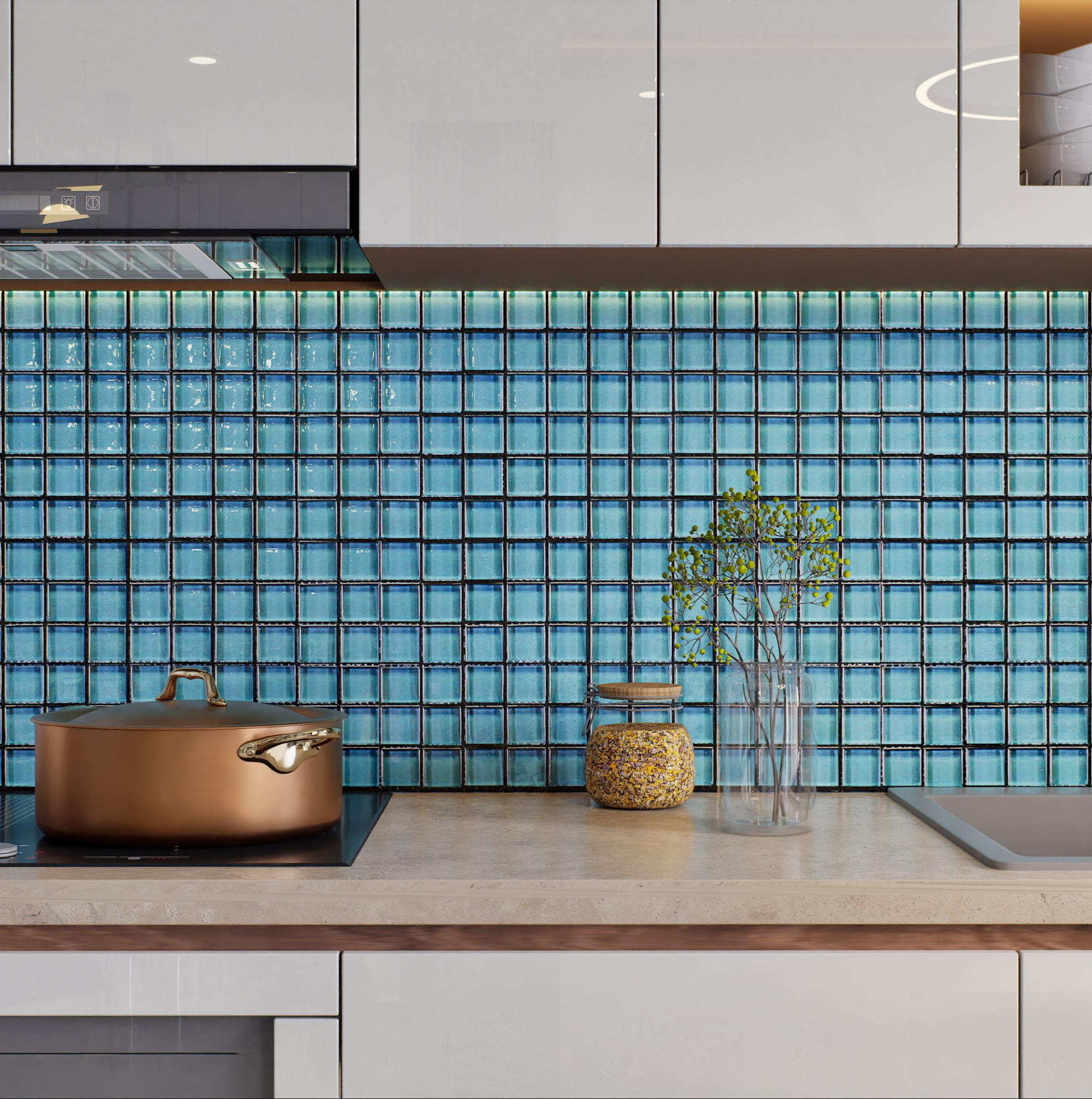 Kitchen with Blue Glassy Mosaic Backsplash | Material Depot