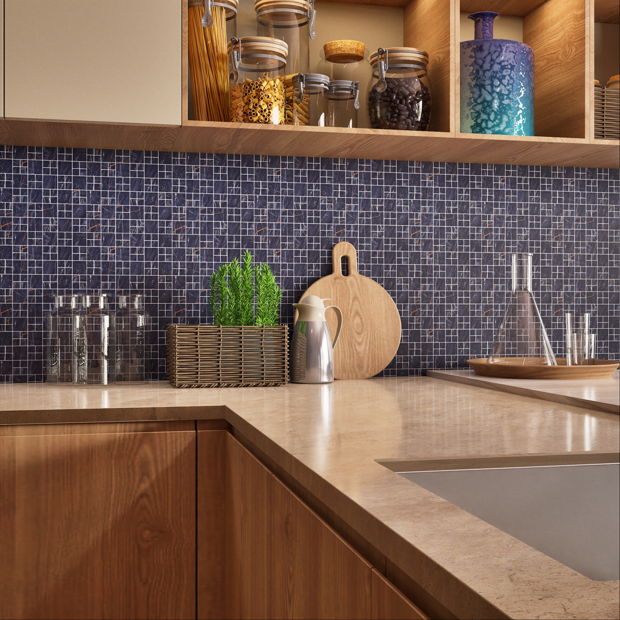 Kitchen with Midnight Blue Mosaic Tile Backsplash | Material Depot