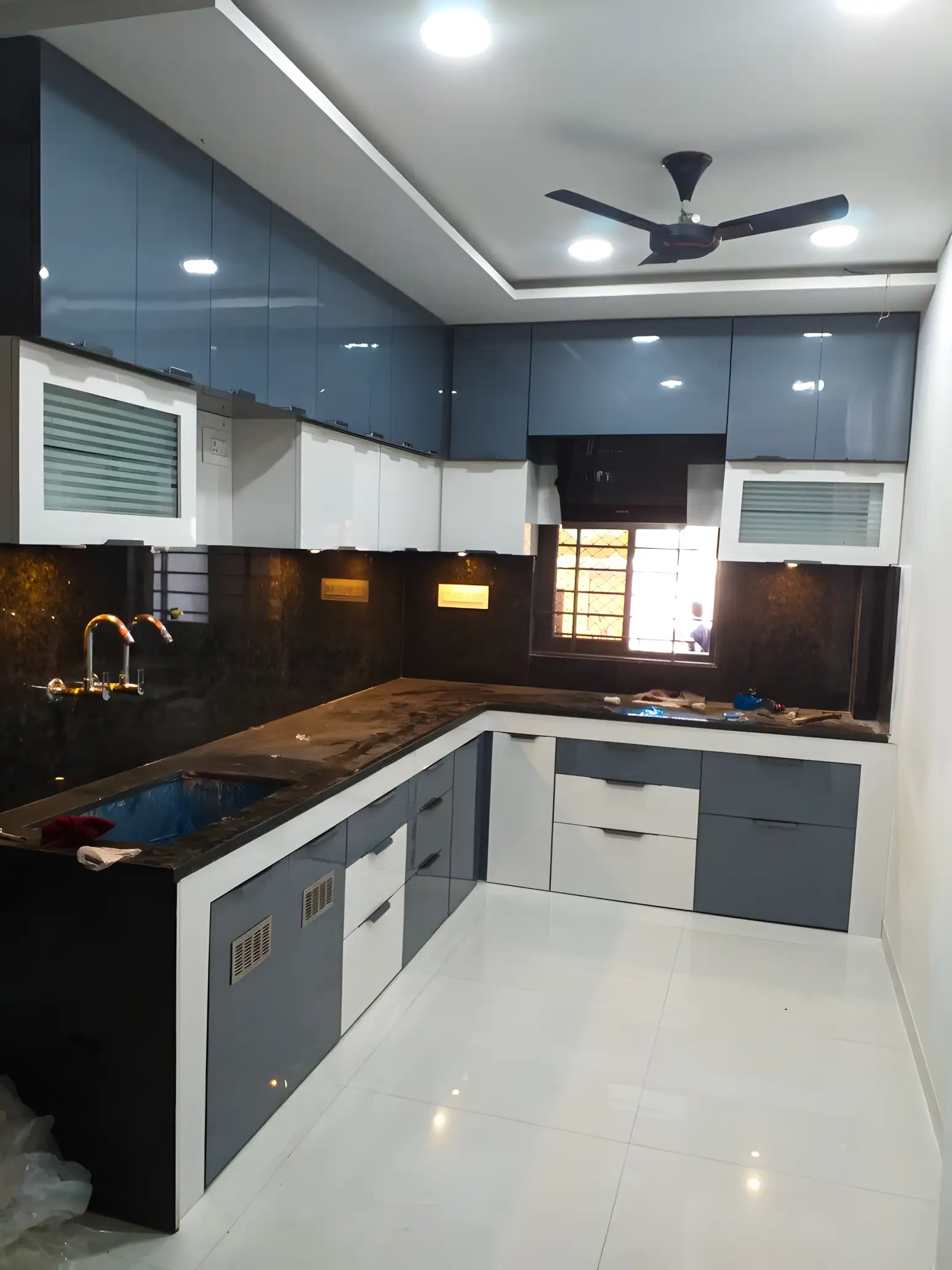 L Shaped Glossy Grey And White Kitchen | Material Depot