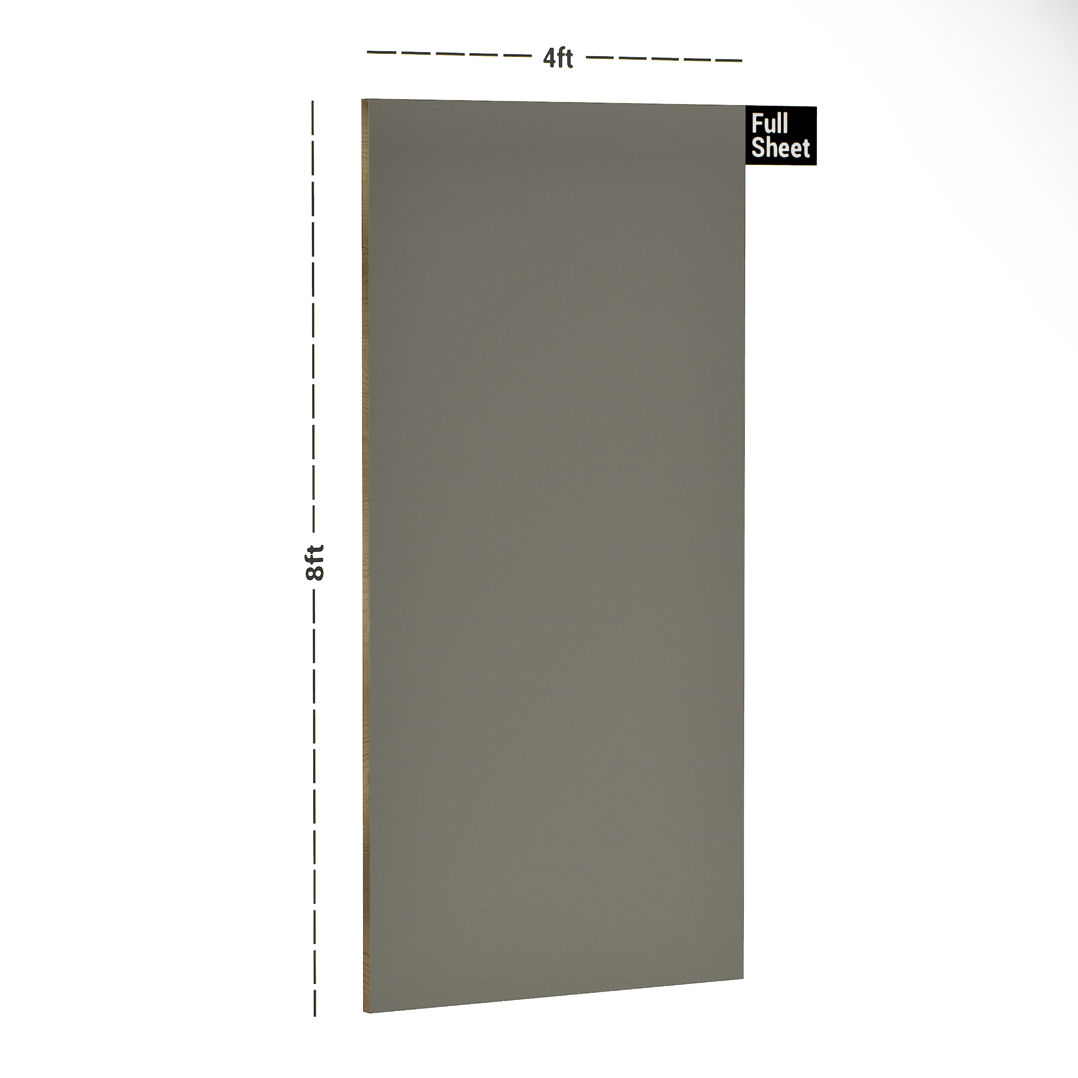 Dimension image of 3563 RSO Porpoise Grey 8 ft x 4 ft Raso Solid Super Matte Finish Decorative Laminate - 1 mm in an isometric setup | Material Depot