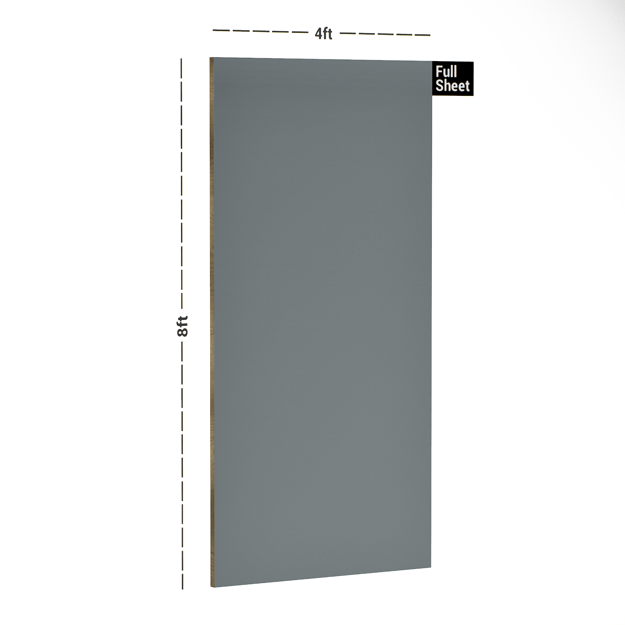 Dimension image of 3551 SMR Silver 8 ft x 4 ft Supermar Solid High Gloss Finish Decorative Laminate - 1 mm in an isometric setup | Material Depot