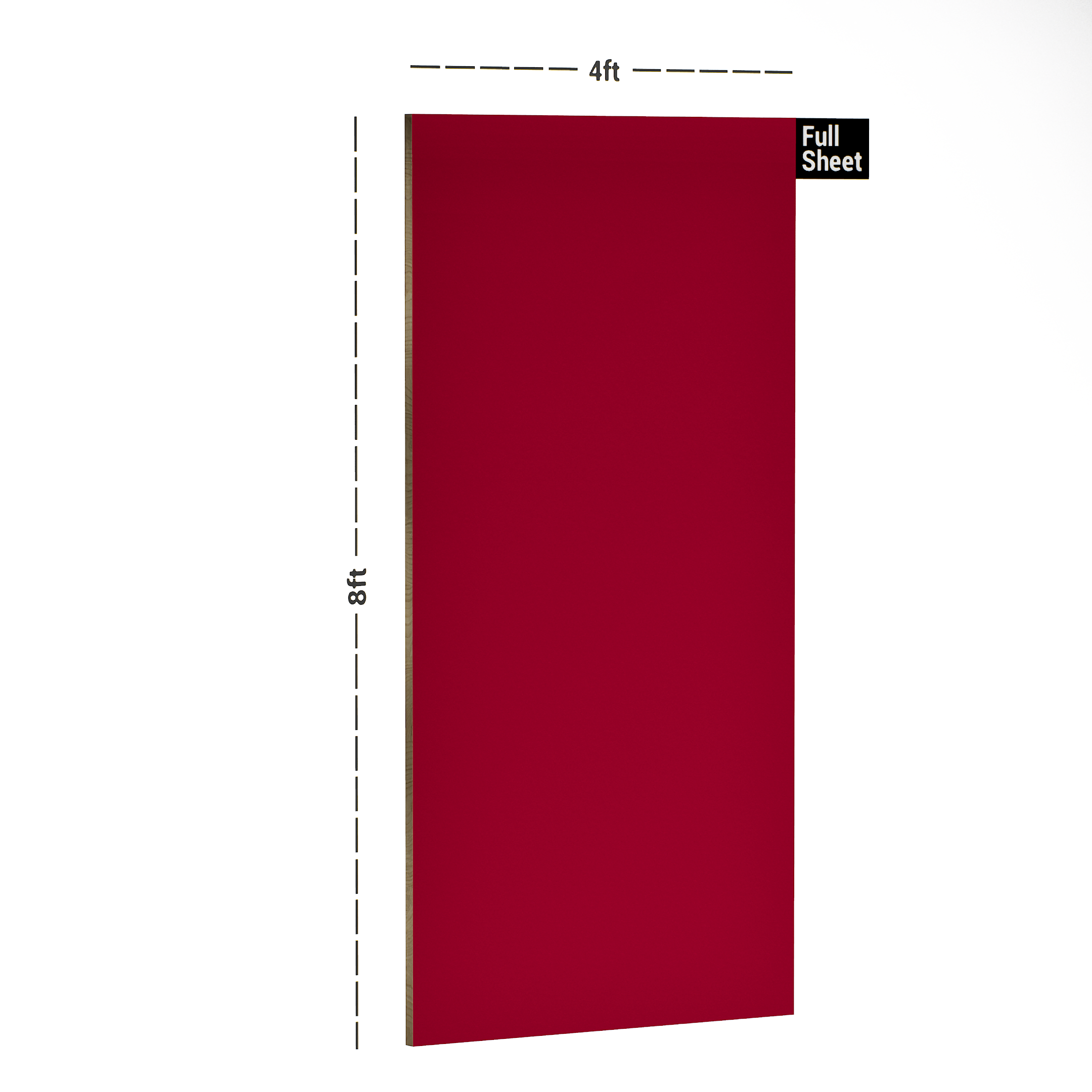 Dimension image of SDL 1017 SF Red 8 ft x 4 ft Suede Finish Decorative Laminate - 0.8 mm in an isometric setup | Material Depot