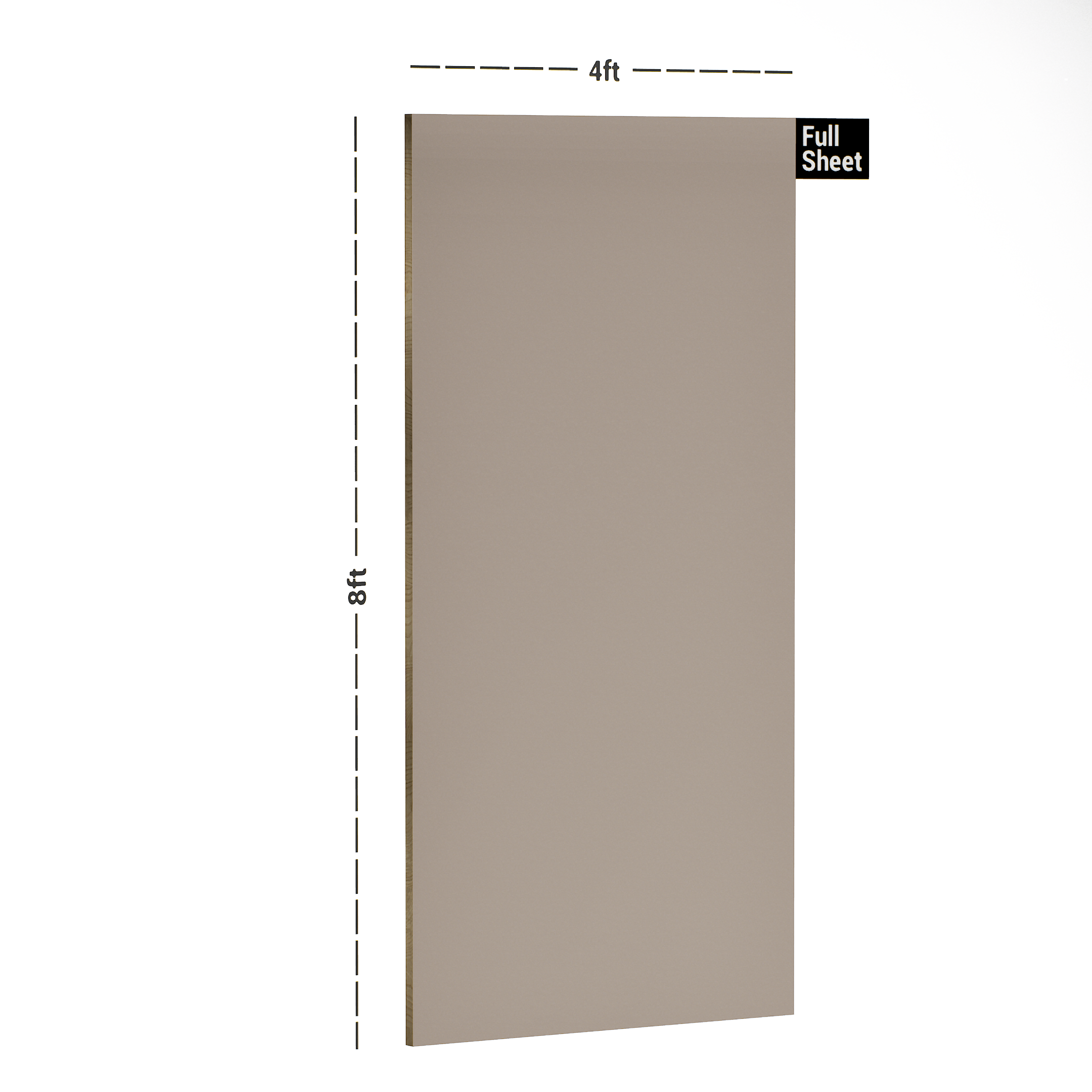 Dimension image of SDL 1020 SF Cappuccino 8 ft x 4 ft Suede Finish Decorative Laminate - 0.8 mm in an isometric setup | Material Depot