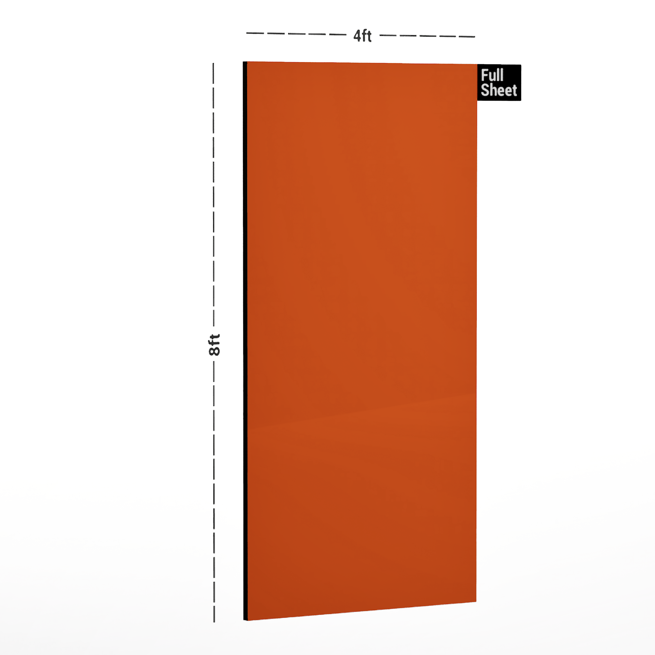 Dimension image of 1055 GL Floro Orange  Inspiro 8 ft x 4 ft Glossy Laminate - 0.8 mm in an isometric setup | Material Depot