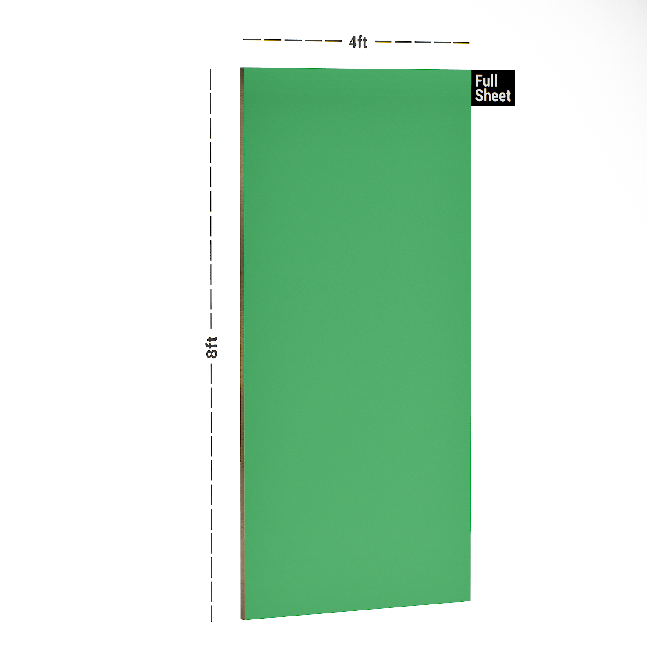 Dimension image of 1162 GL Telecom Green  Inspiro 8 ft x 4 ft Glossy Laminate - 0.8 mm in an isometric setup | Material Depot