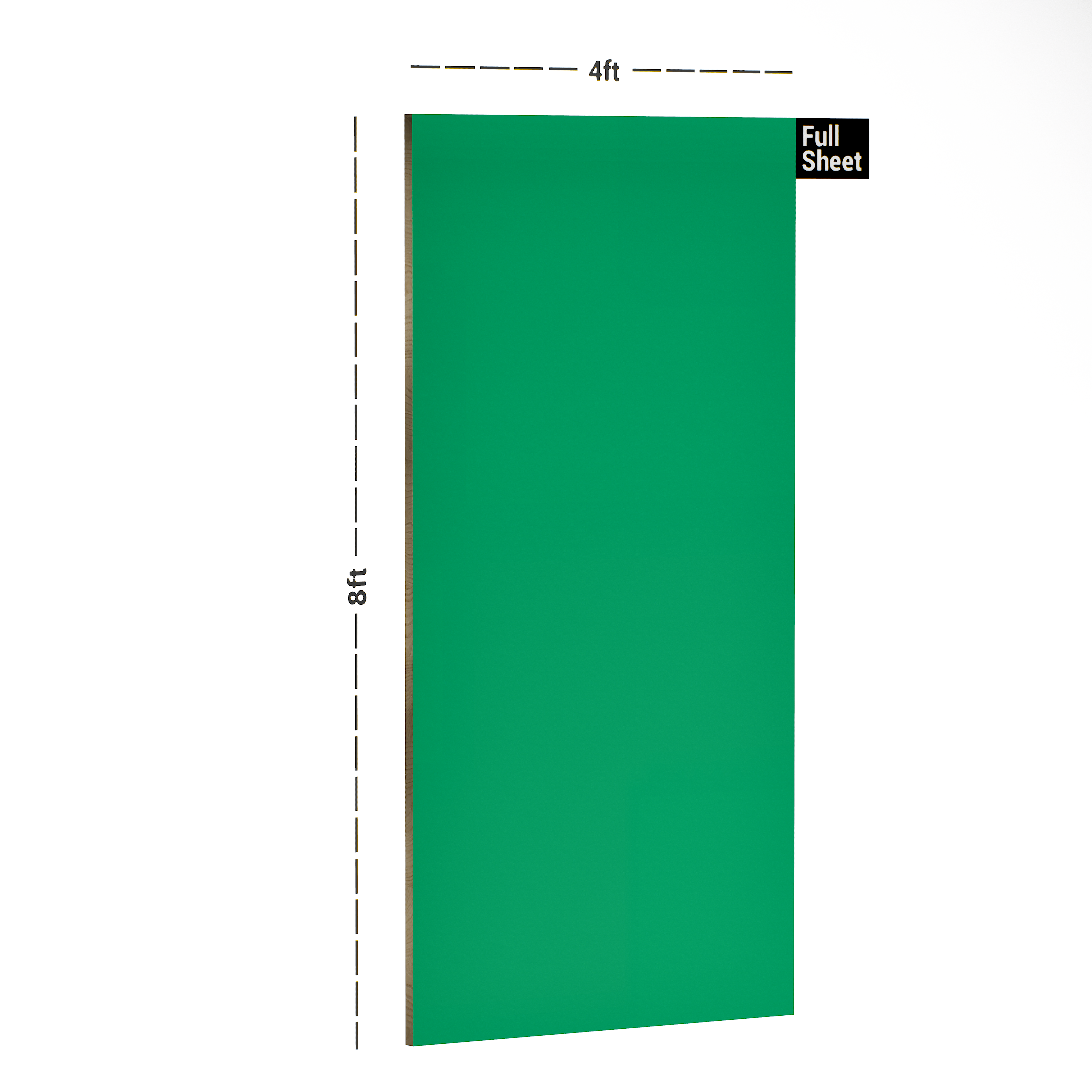 Dimension image of 1037 SF Mica Hanger Plain Colour Parrot Green 8 ft x 4 ft Suede Finish Laminate - 1 mm in an isometric setup | Material Depot